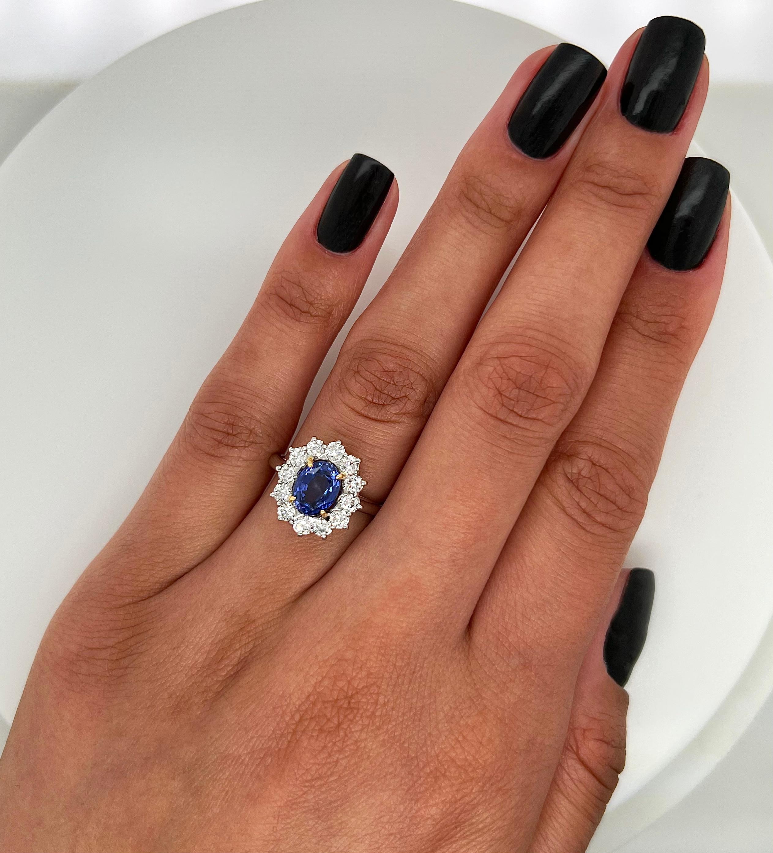 Oval Cut 2.76 Total Carat Sapphire and Diamond Halo Ladies Engagement Ring GIA For Sale