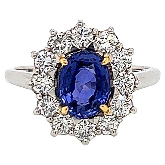 2.76 Total Carat Sapphire and Diamond Halo Ladies Engagement Ring GIA For Sale