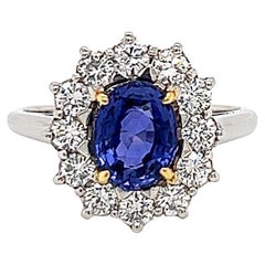 2.76 Total Carat Sapphire and Diamond Halo Ladies Engagement Ring GIA