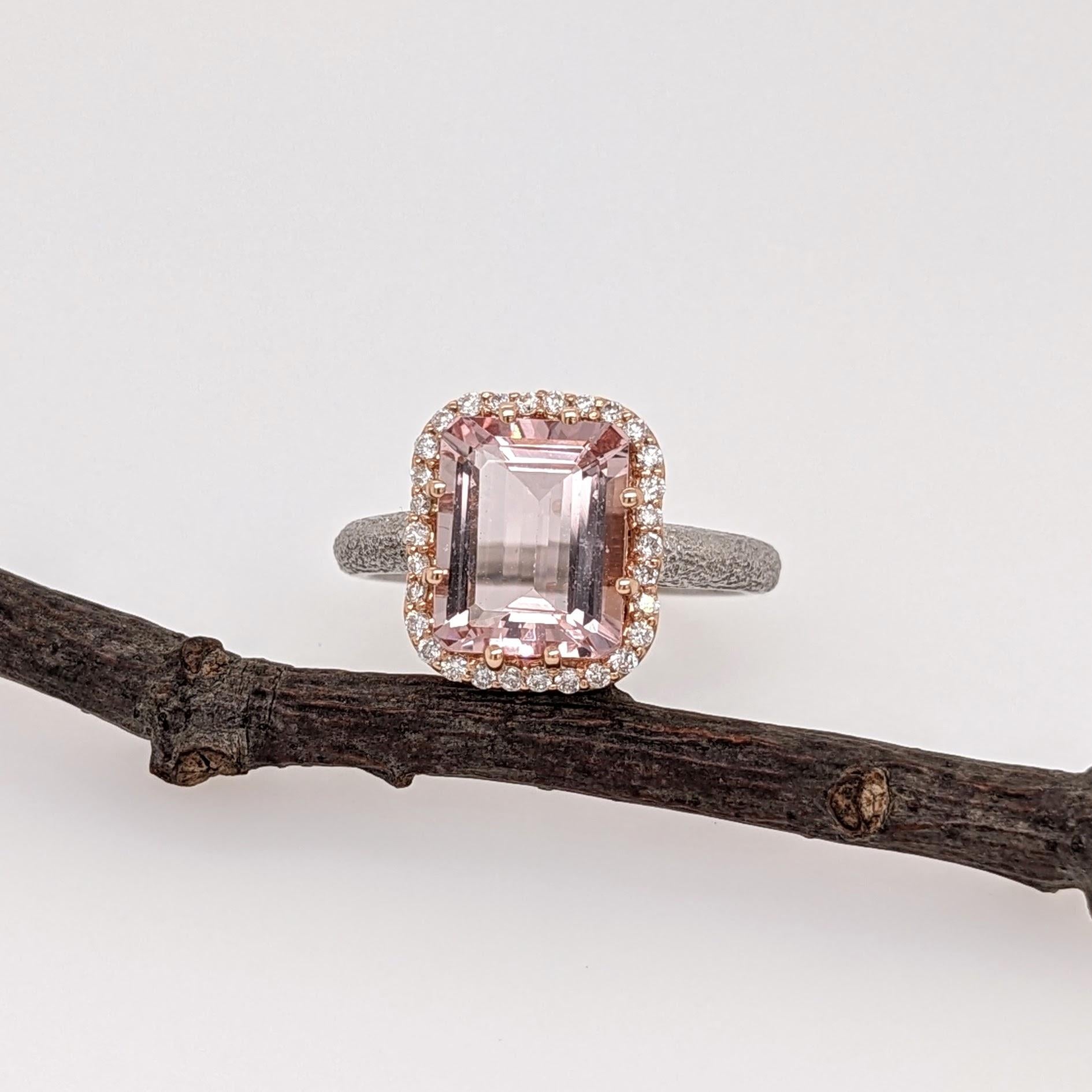 Simple and elegant textured white gold band with a gorgeous pink Morganite center stone accentuated by an all natural diamond rose gold halo. 

Perfect for all occasions such as weddings, anniversaries, Christmas, birthdays, or just