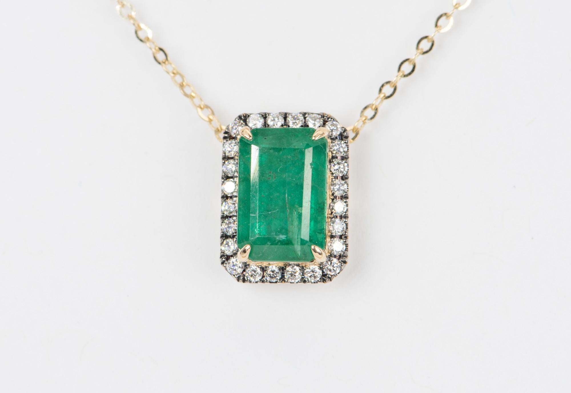 2.76ct Zambian Emerald with Diamond Halo 14K Yellow Gold Pendant Necklace Chain  In New Condition In Osprey, FL