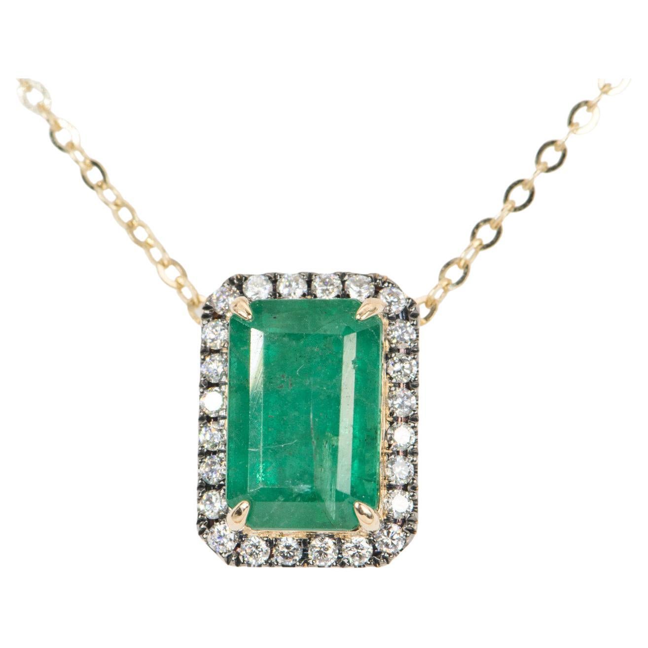 2.76ct Zambian Emerald with Diamond Halo 14K Yellow Gold Pendant Necklace Chain 