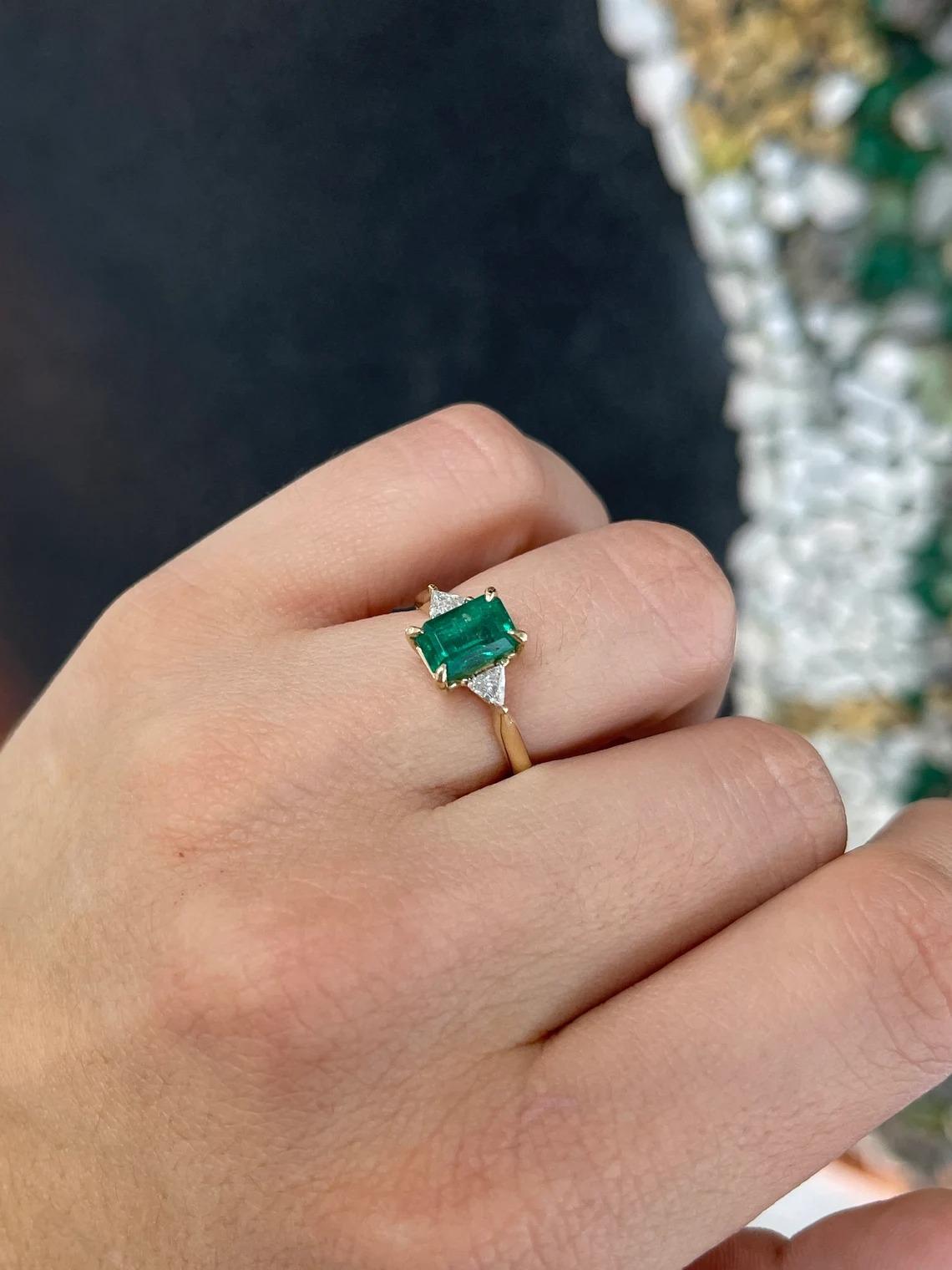 2.76tcw Dark Green Emerald Cut Emerald & Trillion Diamond 3 Stone Engagement Rin In New Condition For Sale In Jupiter, FL