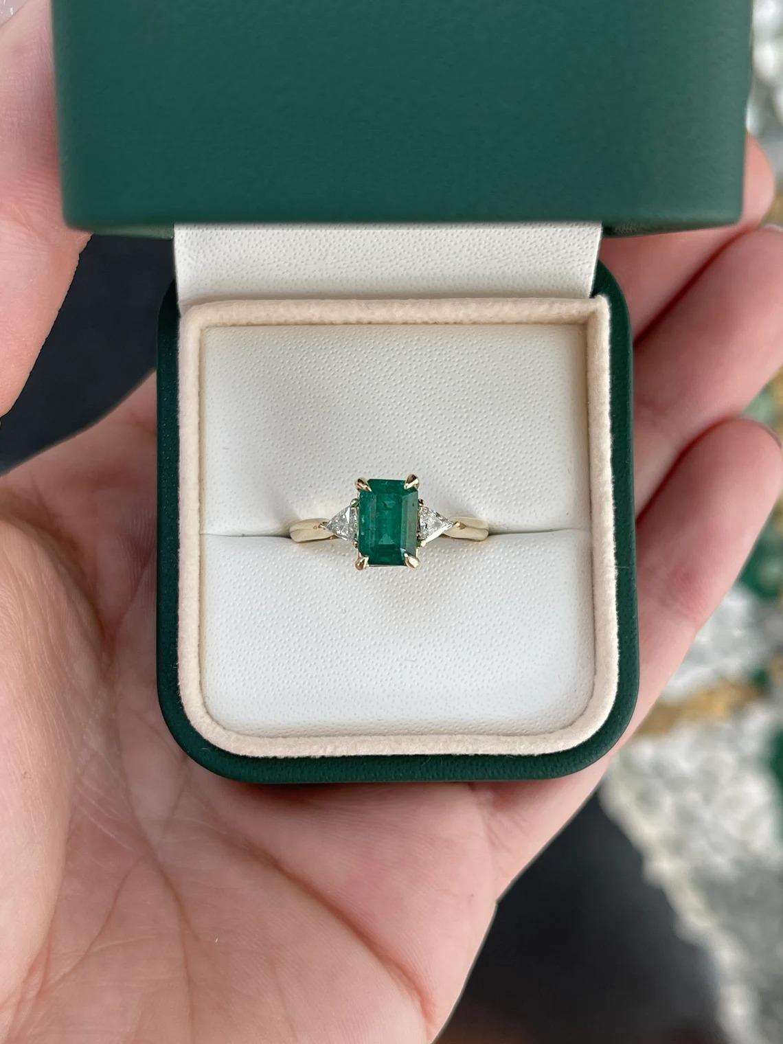 2.76tcw Dark Green Emerald Cut Emerald & Trillion Diamond 3 Stone Engagement Rin For Sale 1