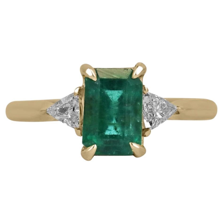 2.76tcw Dark Green Emerald Cut Emerald & Trillion Diamond 3 Stone Engagement Rin For Sale