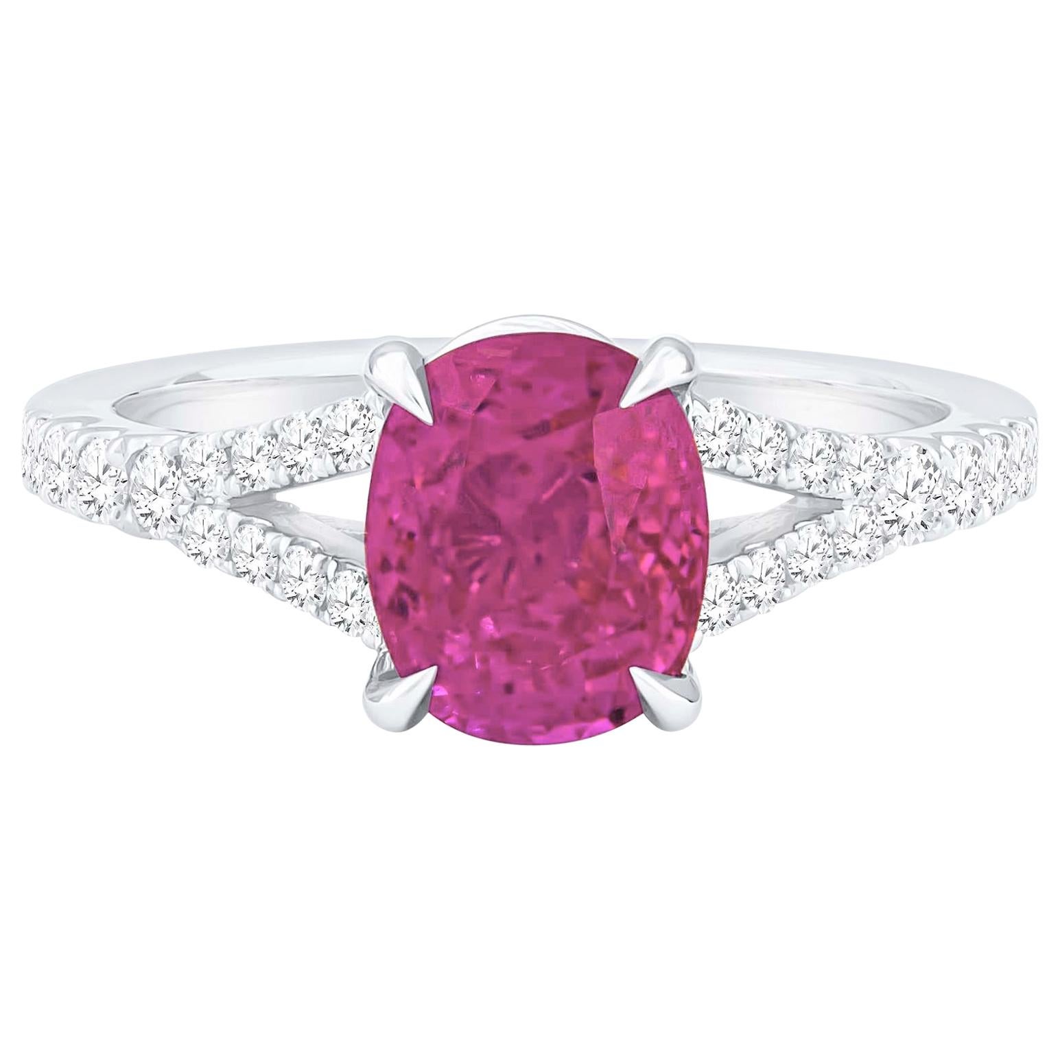 2.77 Carat Cushion Cut Natural Pink Burma Sapphire 'GIA' and Diamond Ring, 18K