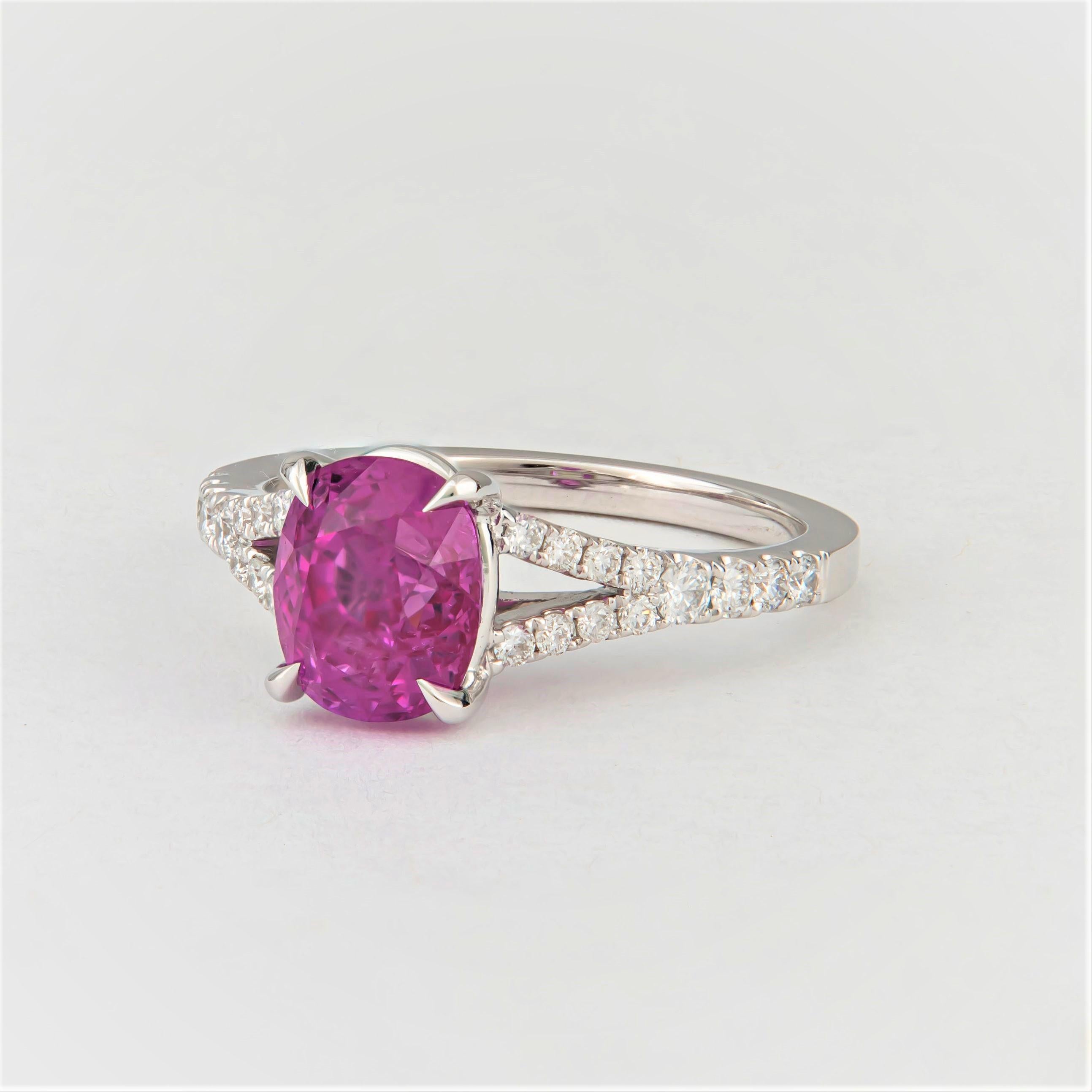 2.77 Carat Cushion Cut Natural Pink Burma Sapphire 'GIA' and Diamond Ring, 18K 2