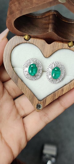 2.77 Ct Zambian Emerald & Diamonds studded Statement Stud Earrings in 18K Gold
