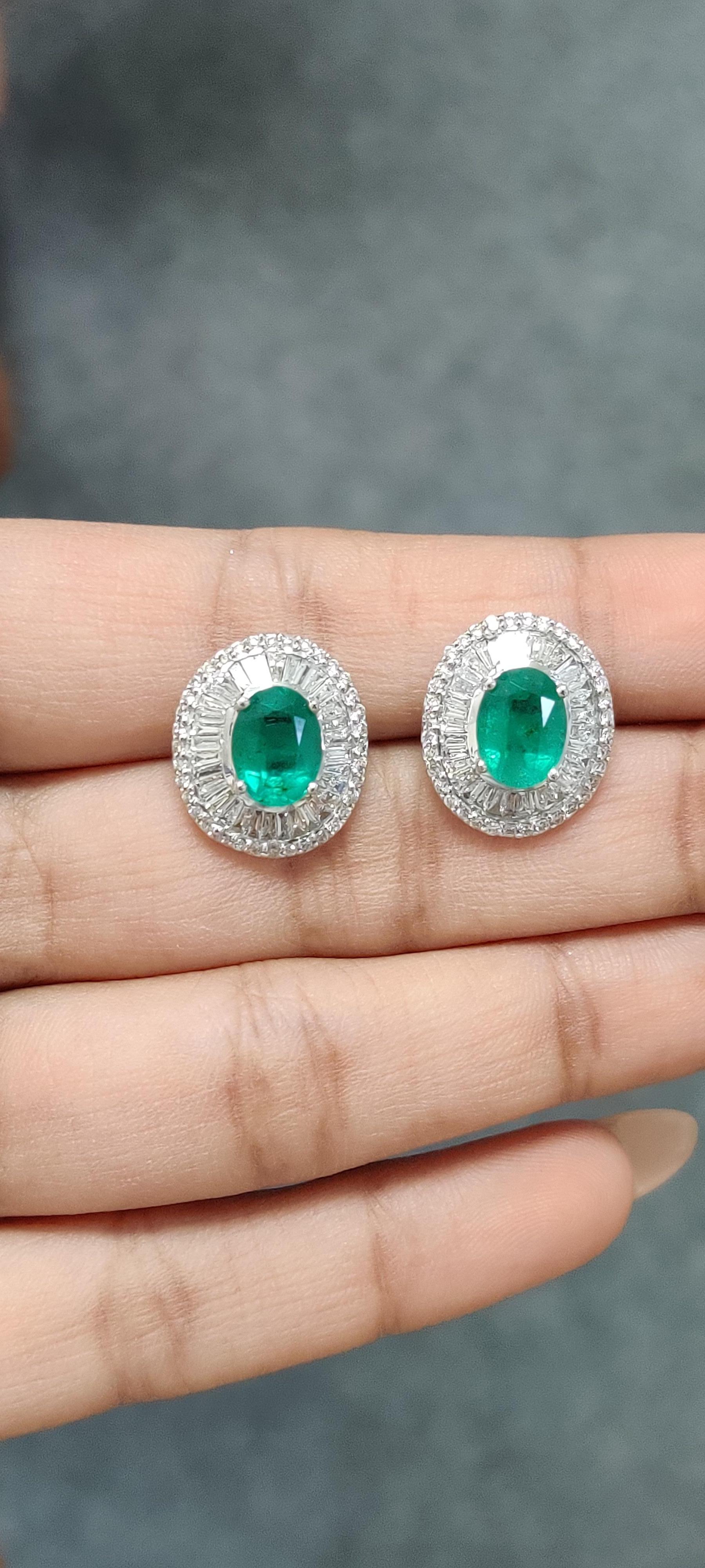 Baguette Cut 2.77 Ct Zambian Emerald & Diamonds studded Statement Stud Earrings in 18K Gold For Sale