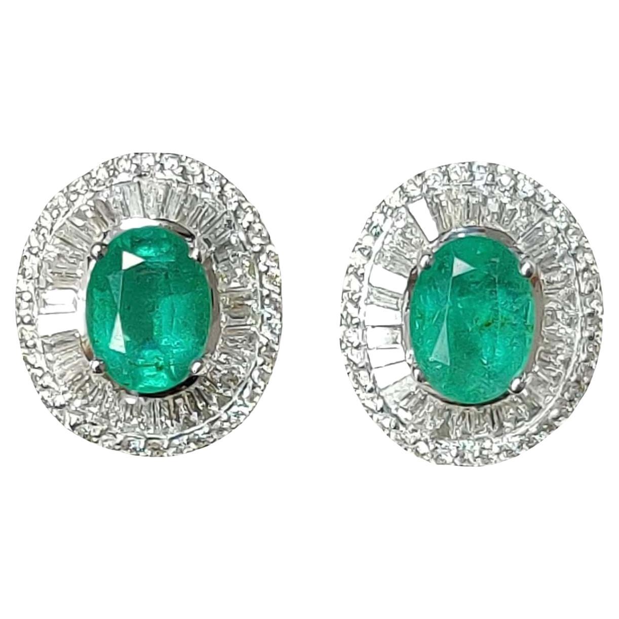 2.77 Ct Zambian Emerald & Diamonds studded Statement Stud Earrings in 18K Gold For Sale