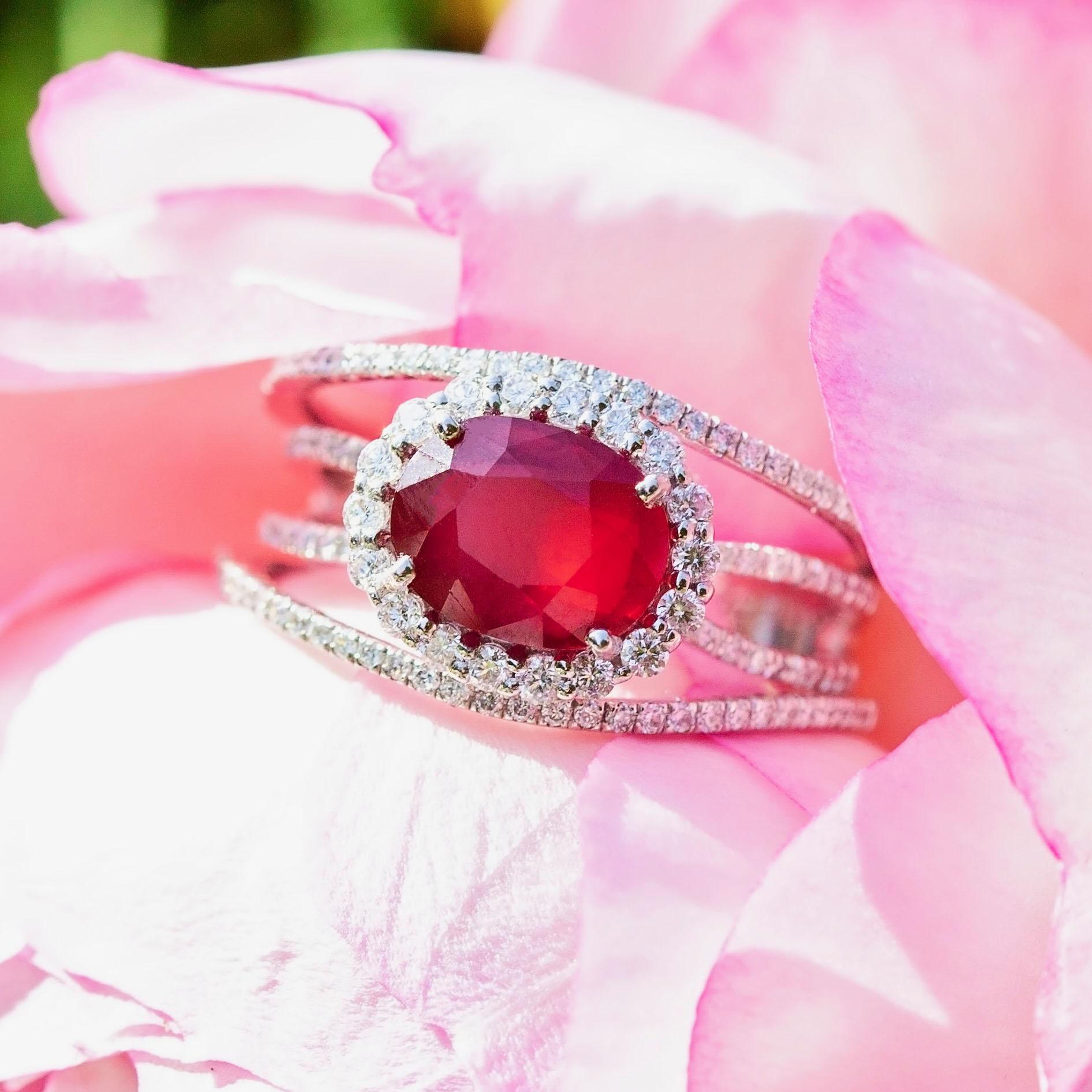 2.77 Carat GIA Certified No Heat Oval Ruby and 0.62 Carat Diamond Platinum Ring