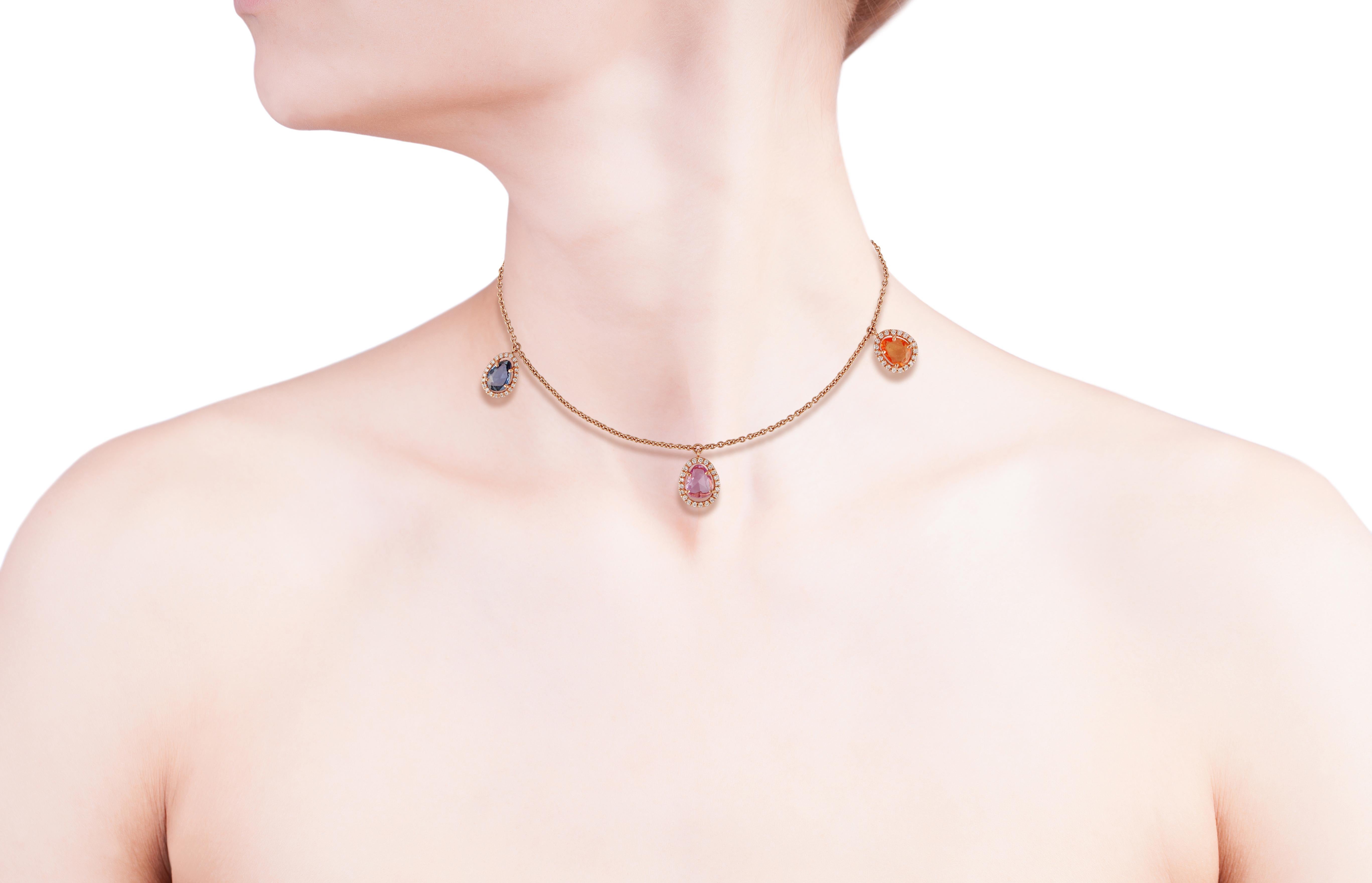 Contemporary 2.77 Carat Multi-Sapphire and Diamond Necklace Studded in 18 Karat Rose Gold For Sale