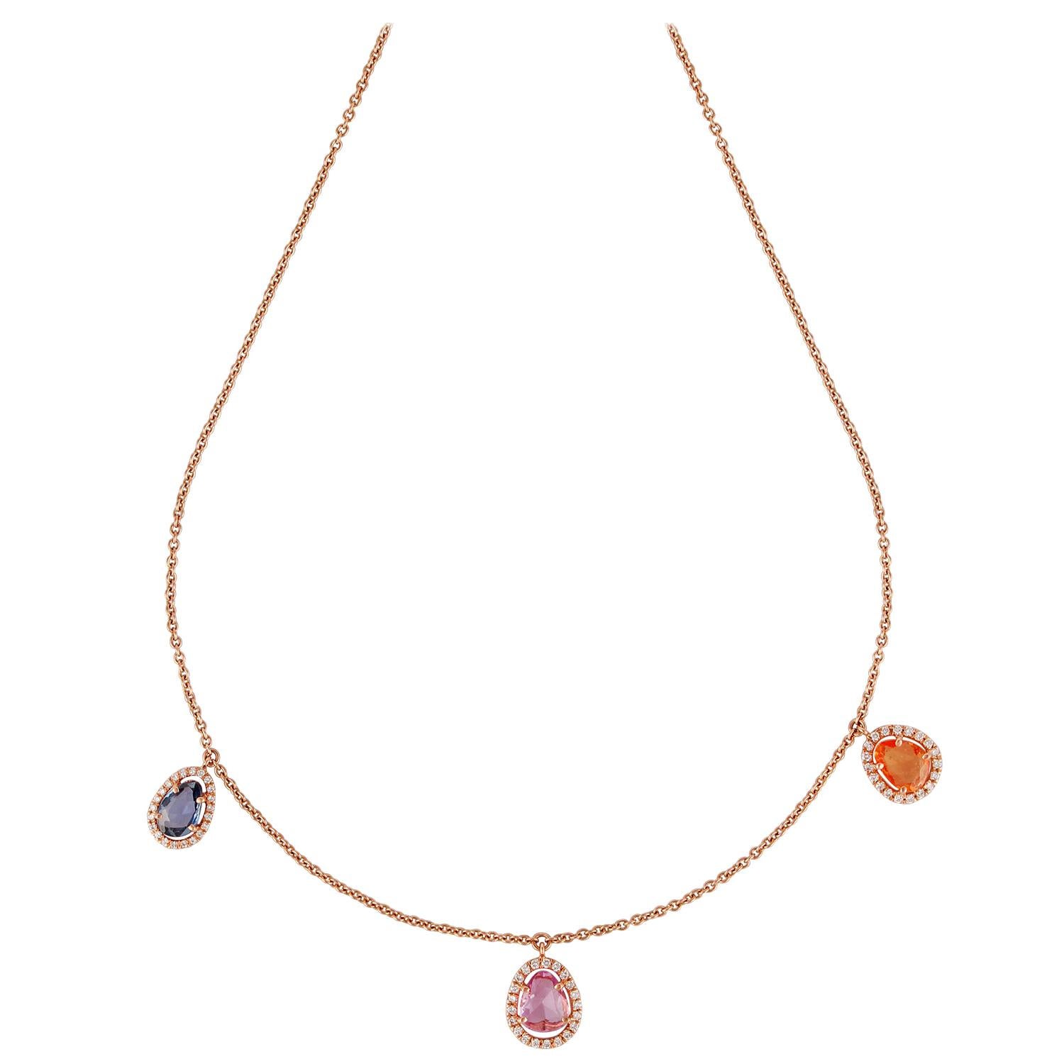 2.77 Carat Multi-Sapphire and Diamond Necklace Studded in 18 Karat Rose Gold For Sale