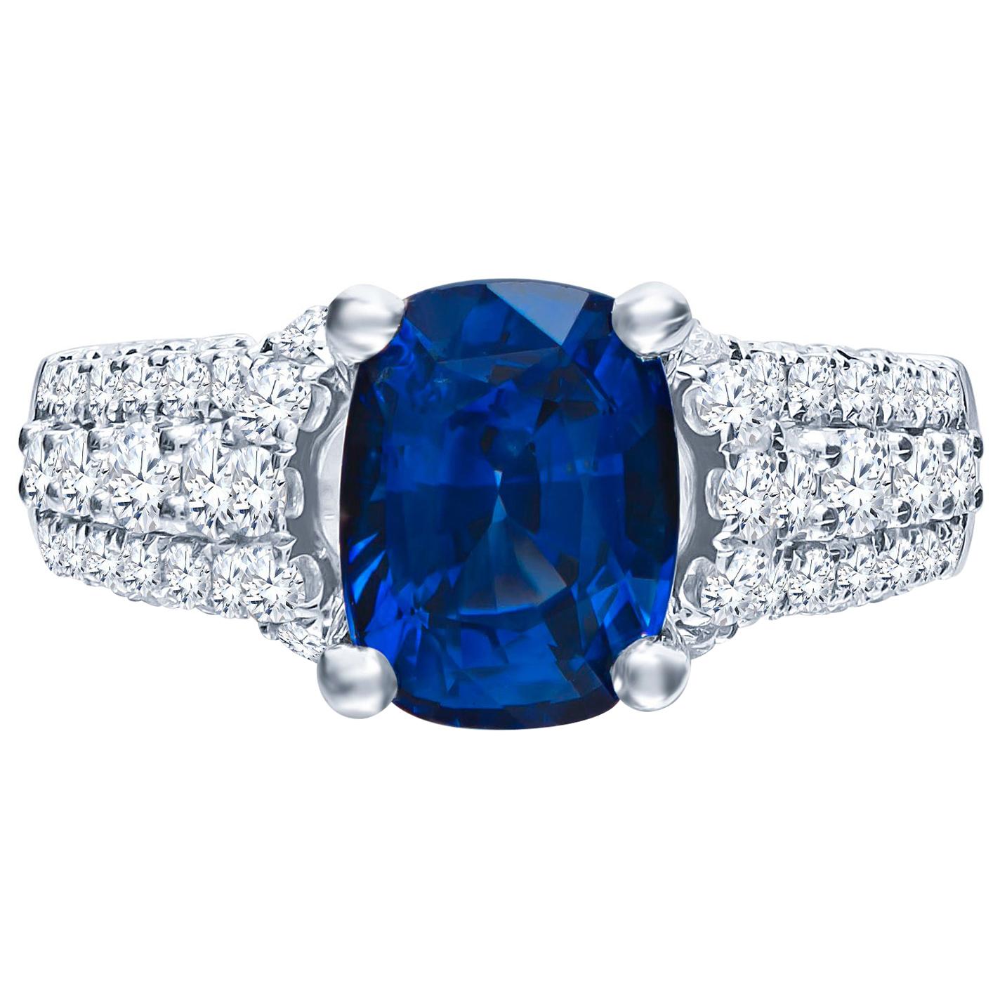 2.77 Carat Natural Blue Cushion Cut 'GIA' Sapphire and Diamond Ring, 18 Karat