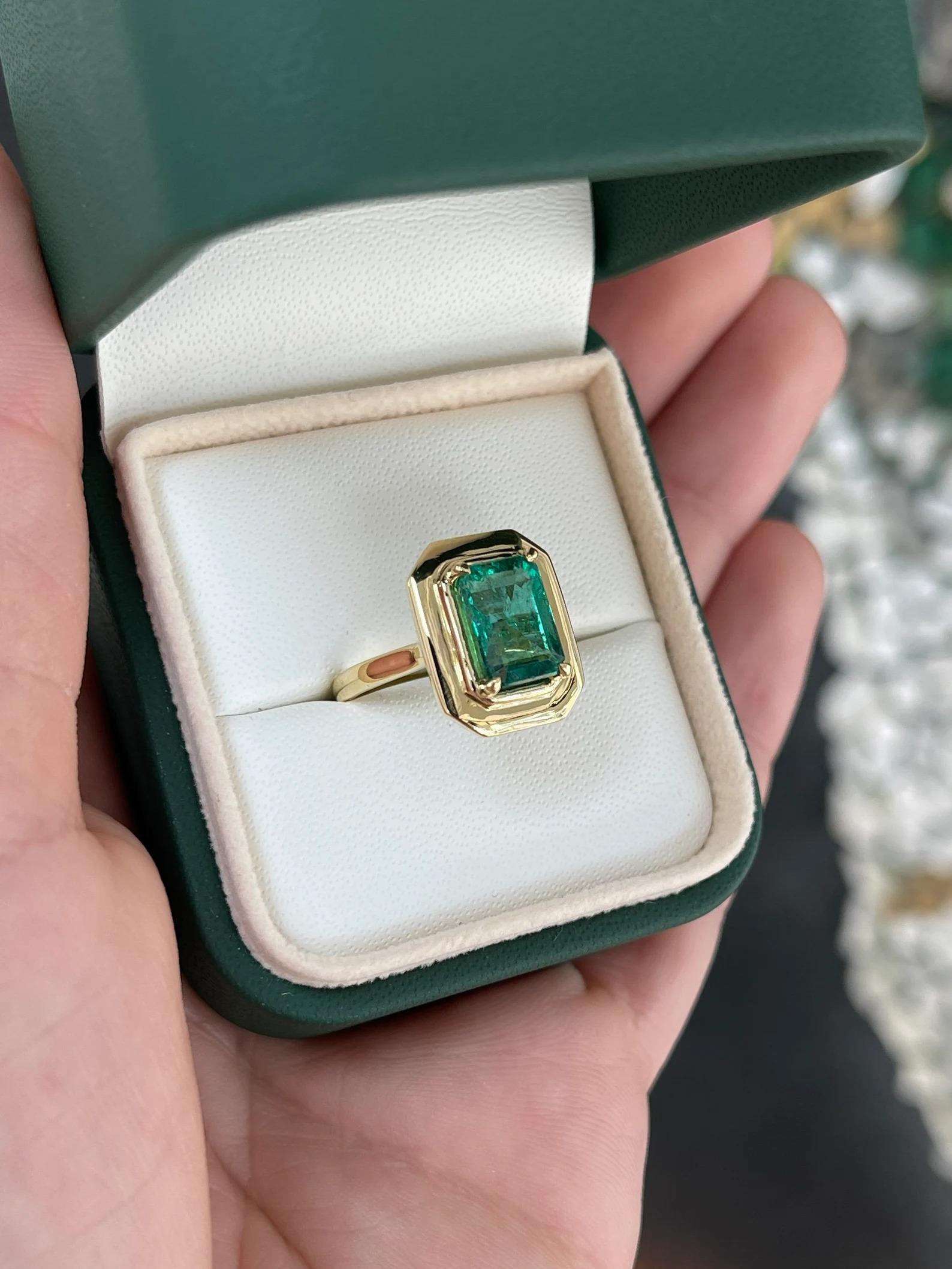 Emerald Cut 2.77 Carat Natural Emerald Four Prong Half Bezel Set Mossy Green Ring 18K For Sale