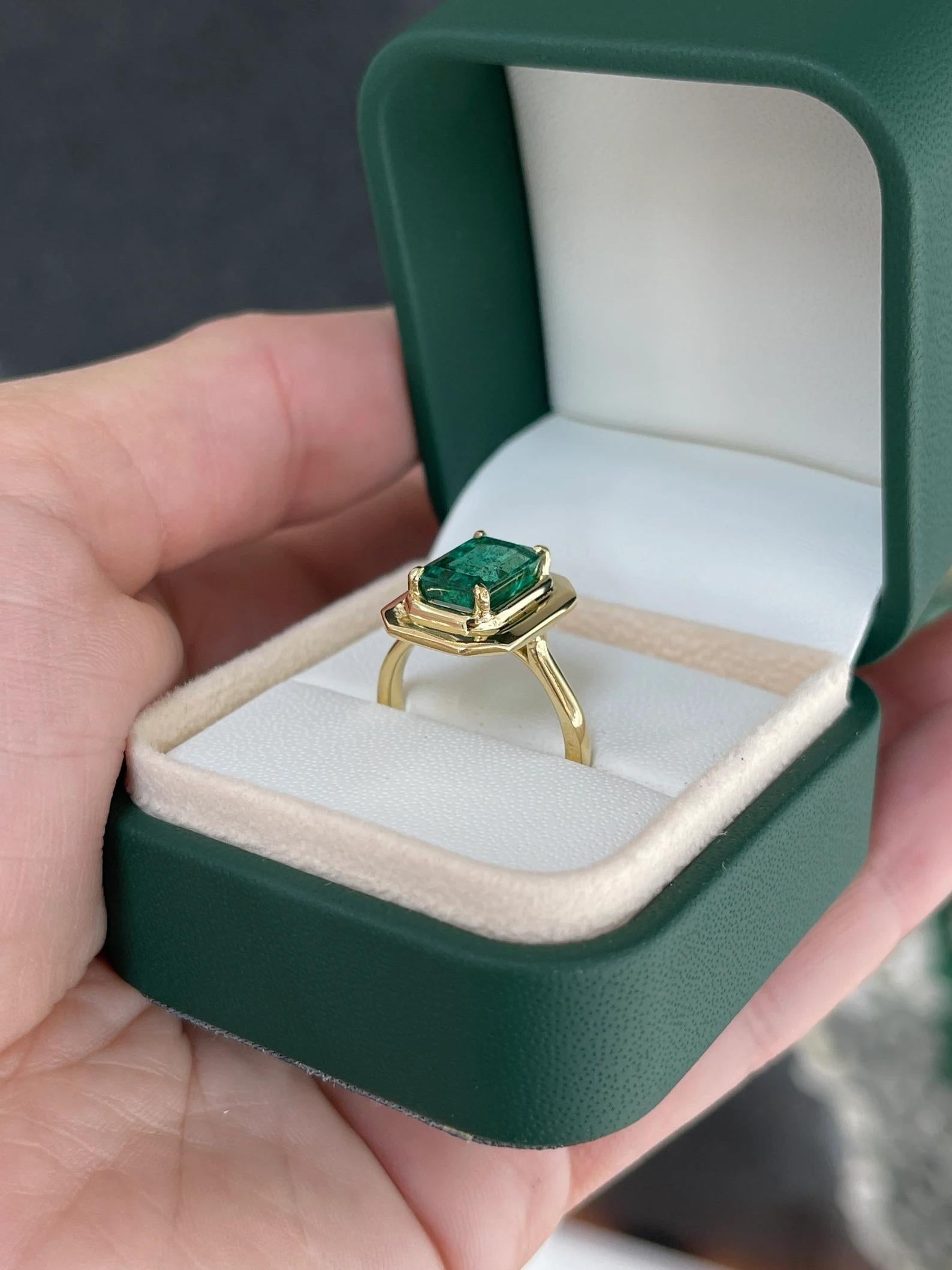 2.77 Carat Natural Emerald Four Prong Half Bezel Set Mossy Green Ring 18K In New Condition For Sale In Jupiter, FL