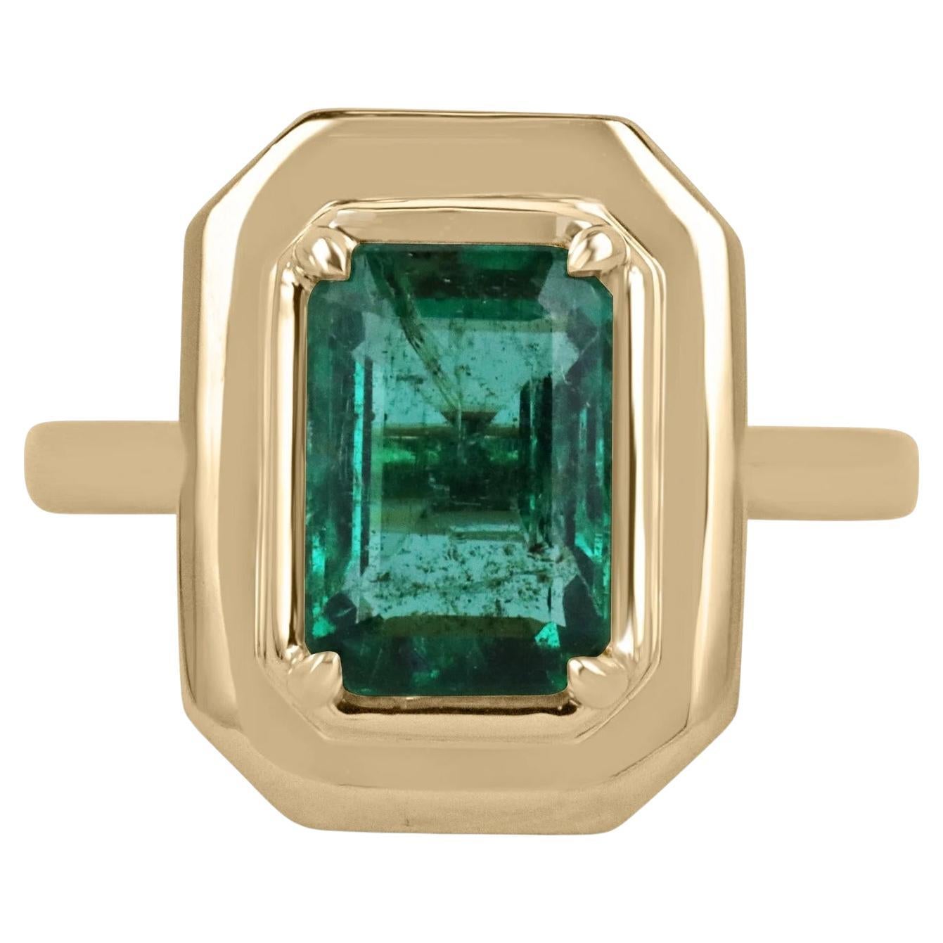 2.77 Carat Natural Emerald Four Prong Half Bezel Set Mossy Green Ring 18K For Sale