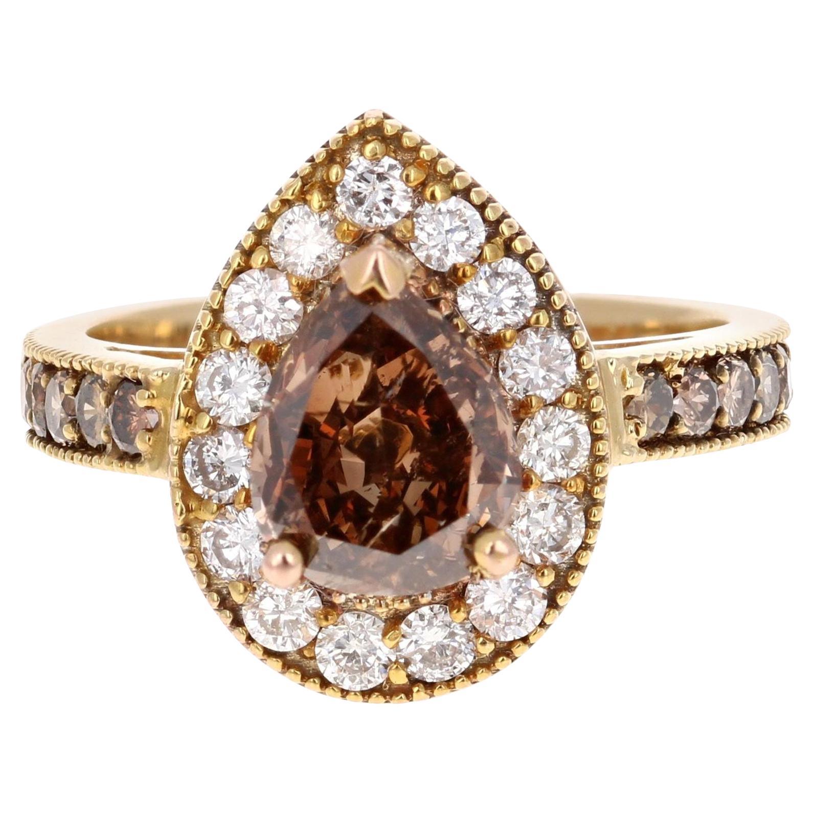 2.77 Carat Natural Pear Cut Brown Diamond White Diamond Gold Engagement Ring
