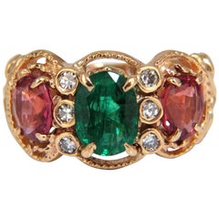 2.77 Carat Natural Spinel Emerald Ring Three-Stone Classic 14 Karat Mother Ring