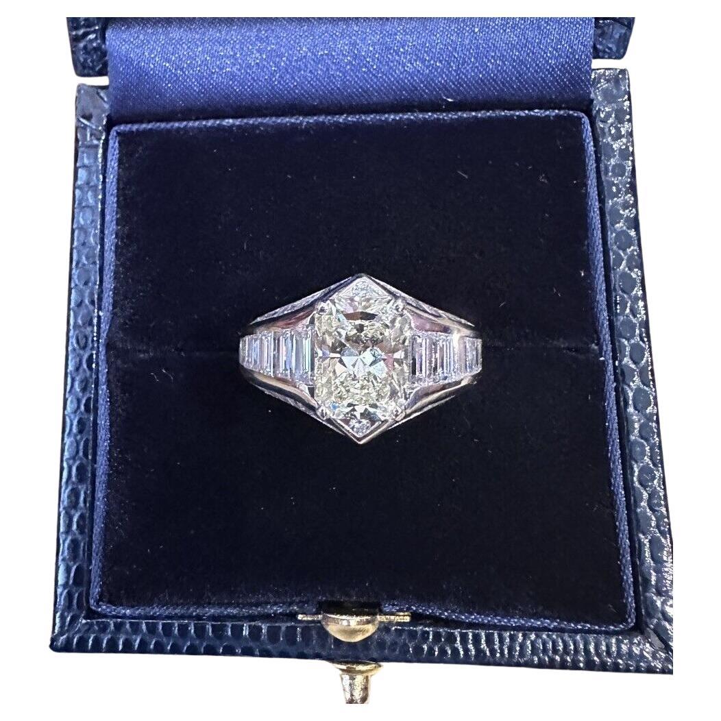2.77 Carat Radiant Cut Diamond Ring with Baguette Band in Platinum For Sale