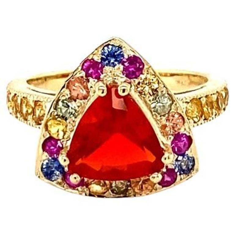 2.77 Carat Trillion Cut Fire Opal Sapphire Yellow Gold Cocktail Ring For Sale