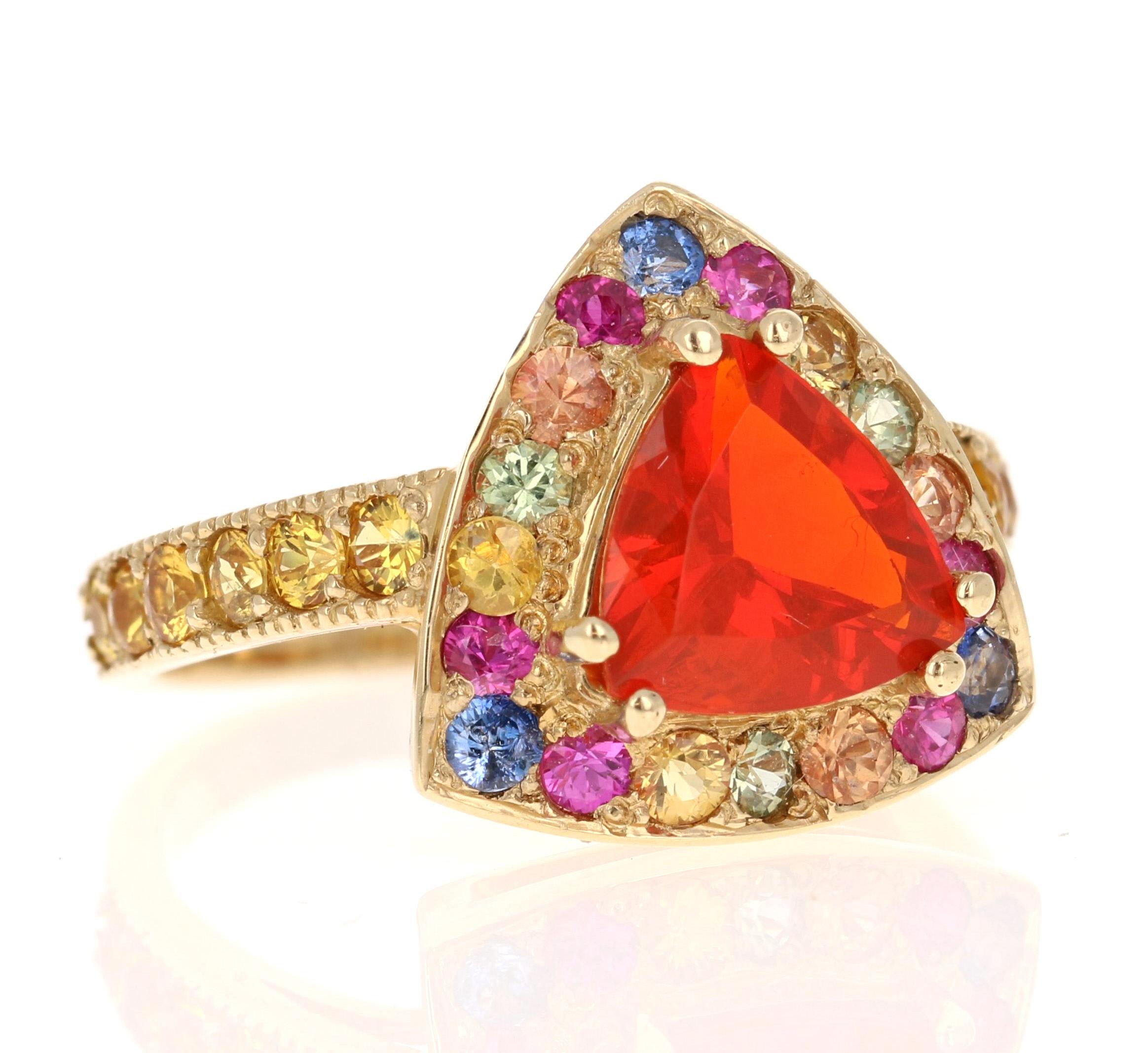2.77 Carat Trillion Cut Fire Opal Sapphire 14K Yellow Gold Cocktail Ring

This ring has a beautiful 1.19 Carat Trillion Cut Fire Opal as its center stone and is beautifully surrounded by 20 Multi-Colored Sapphires that weigh 0.92 Carats and 12