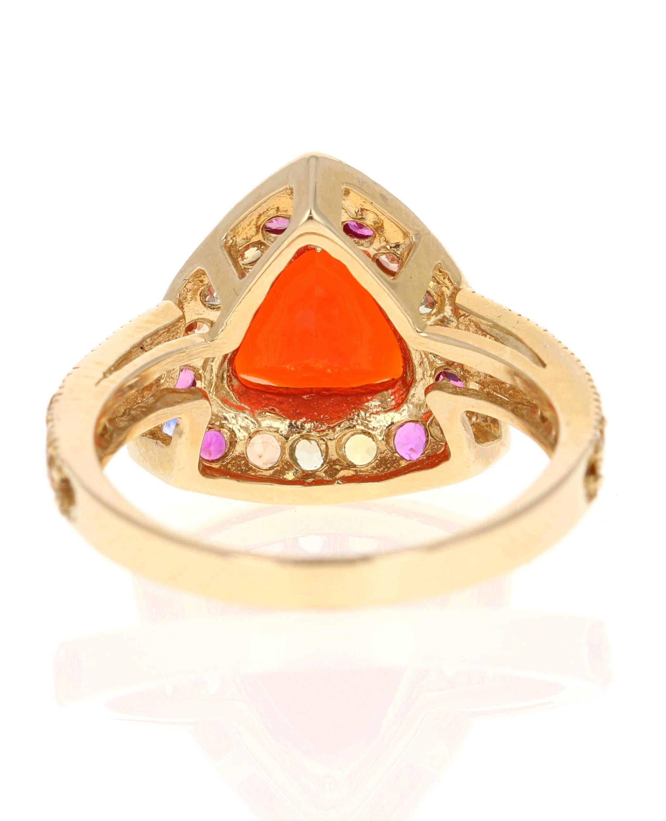 2.77 Carat Trillion Cut Fire Opal Sapphire Yellow Gold Cocktail Ring In New Condition For Sale In Los Angeles, CA