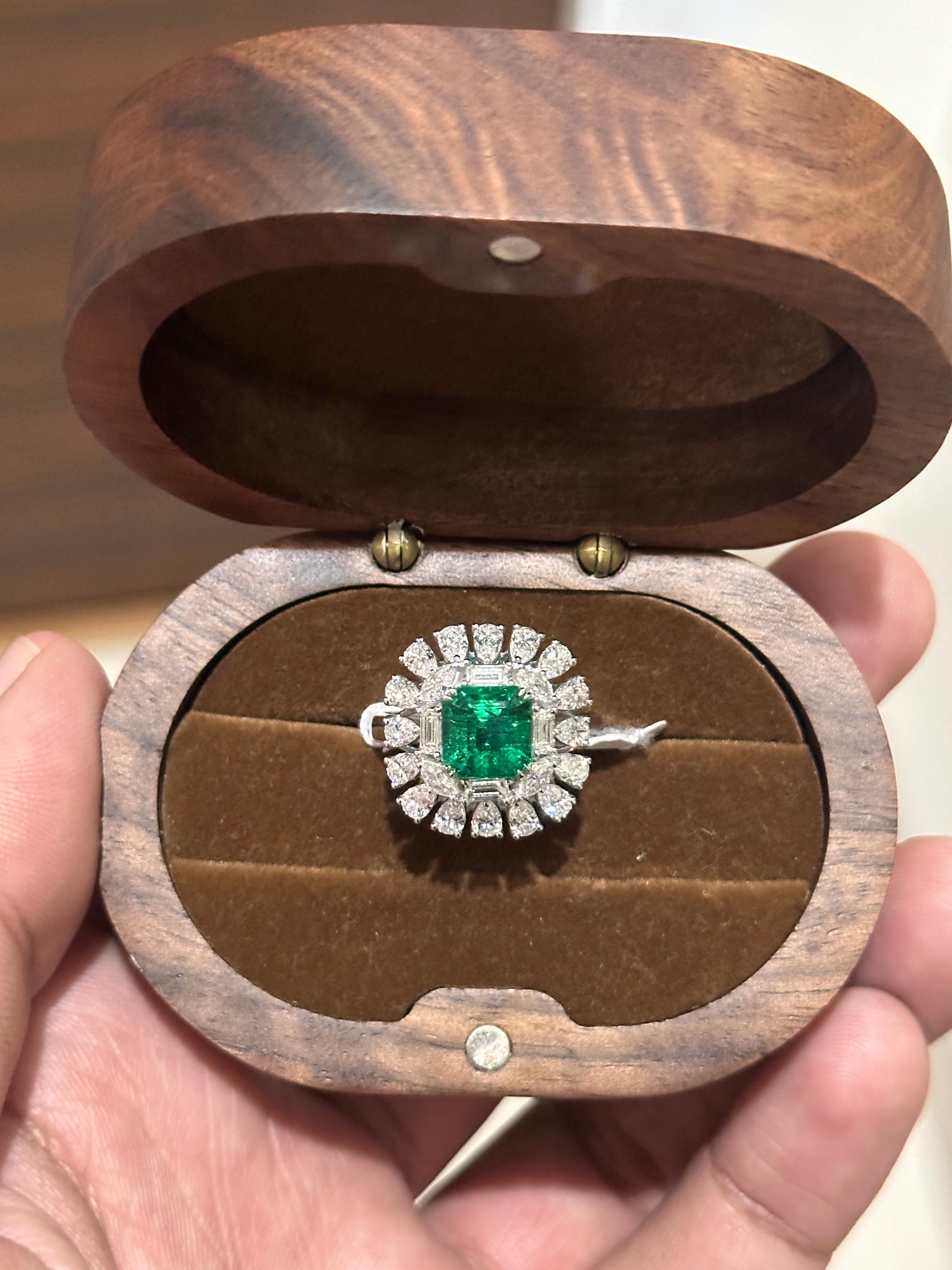 Art Deco 2.77 Carat Zambian Emerald Diamond Classic Ring For Sale