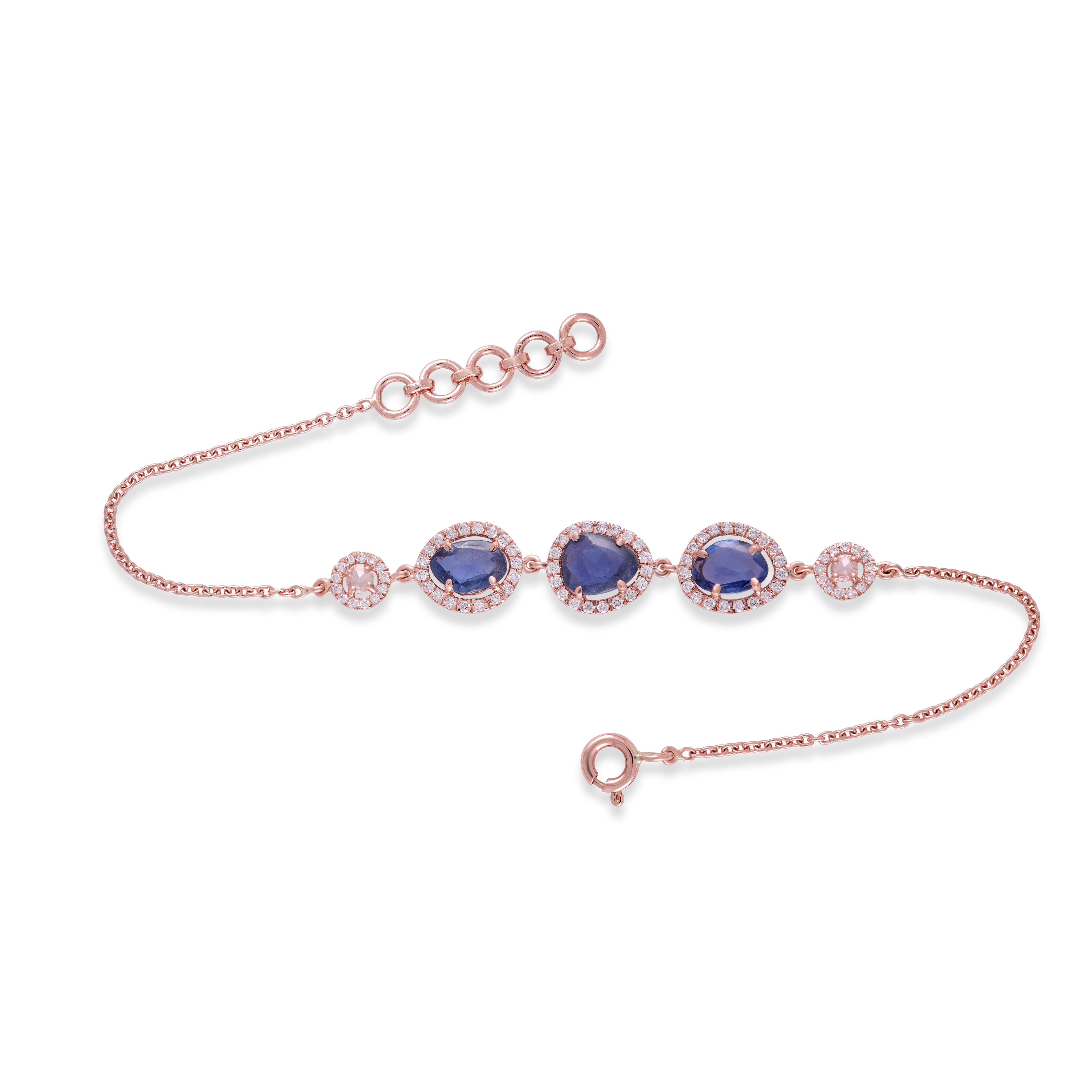 A very beautiful and dainty Sapphire Chain Bracelet let in 18K Rose Gold & Diamonds. The weight of the Sapphires is 2.77 carats. The weight of the Diamonds is 0.68 carats. 

Bracelet size - 6 - 7 inches and can be Resize.

