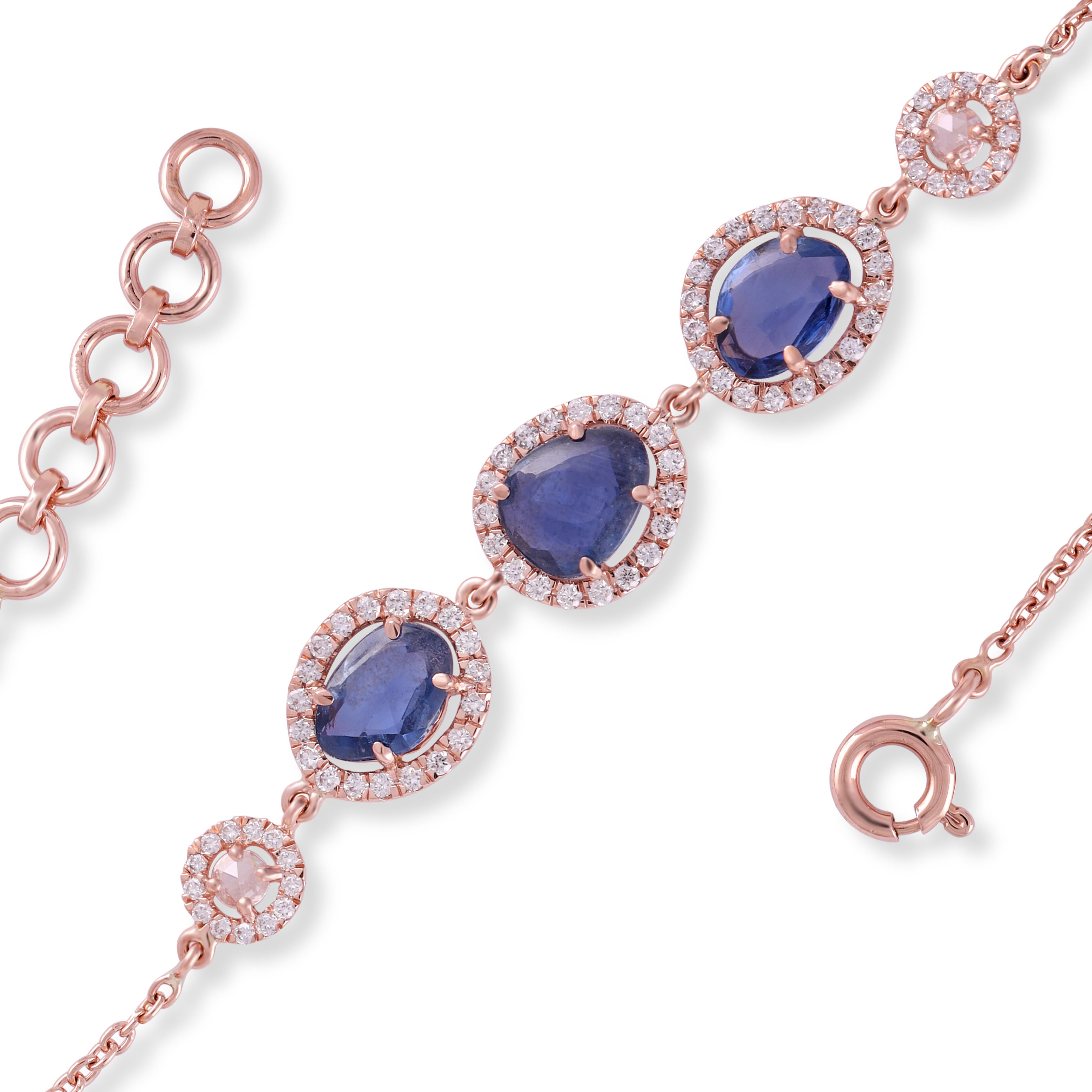 Rose Cut 2.77 Carats Blue Sapphire  & Diamonds Chain Bracelet For Sale