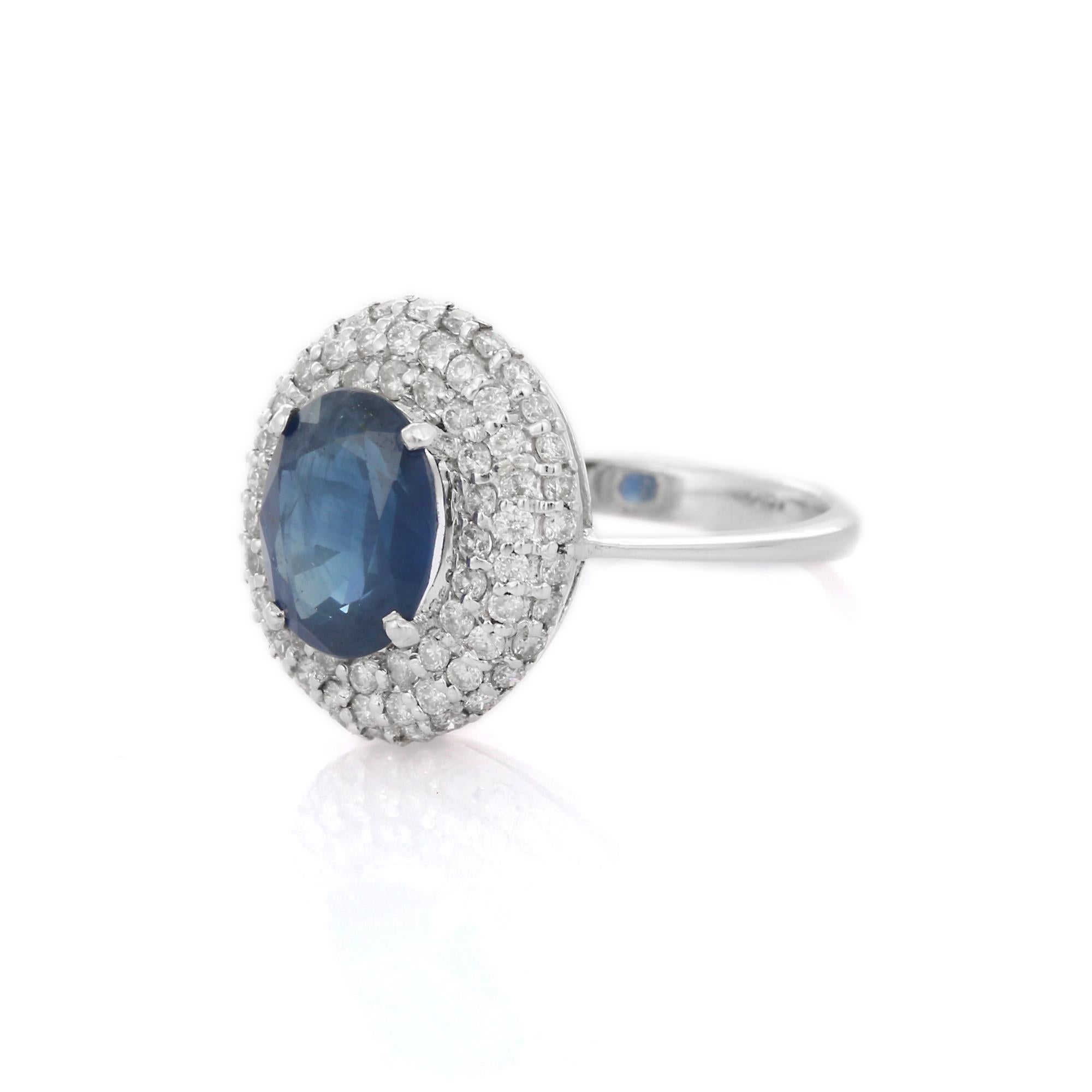 For Sale:  Blue Sapphire Diamond Big Round Cocktail Ring in 18K White Gold 2