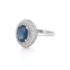Blue Sapphire Diamond Big Round Cocktail Ring in 18K White Gold