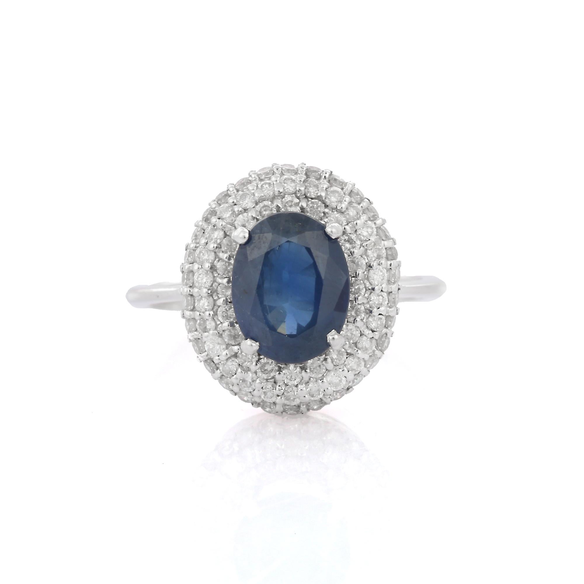 For Sale:  Blue Sapphire Diamond Big Round Cocktail Ring in 18K White Gold 3