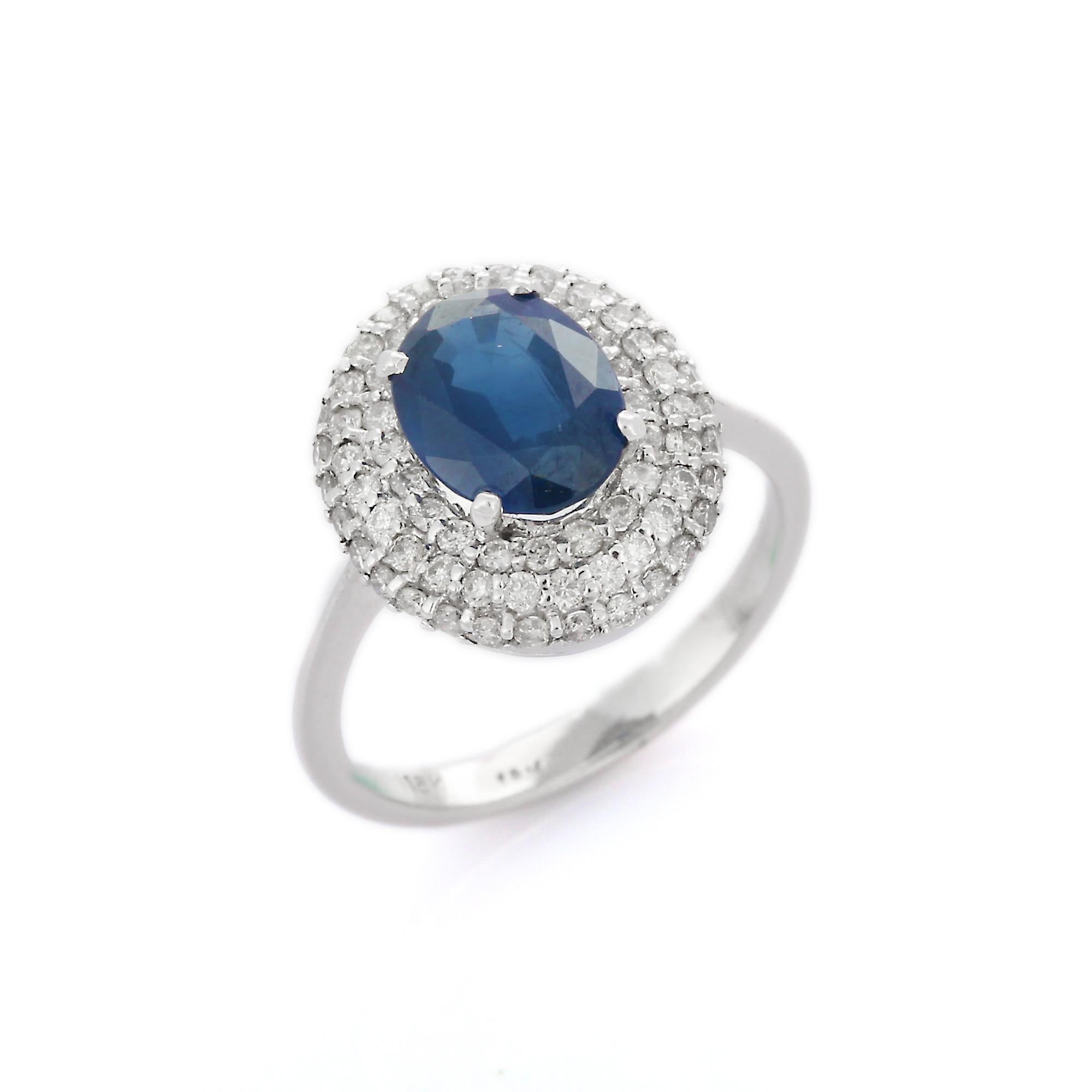For Sale:  Blue Sapphire Diamond Big Round Cocktail Ring in 18K White Gold 5