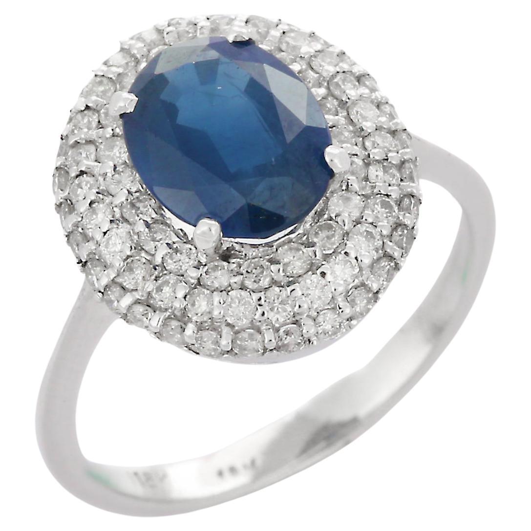 For Sale:  Blue Sapphire Diamond Big Round Cocktail Ring in 18K White Gold