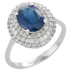 Blue Sapphire Diamond Big Round Cocktail Ring in 18K White Gold