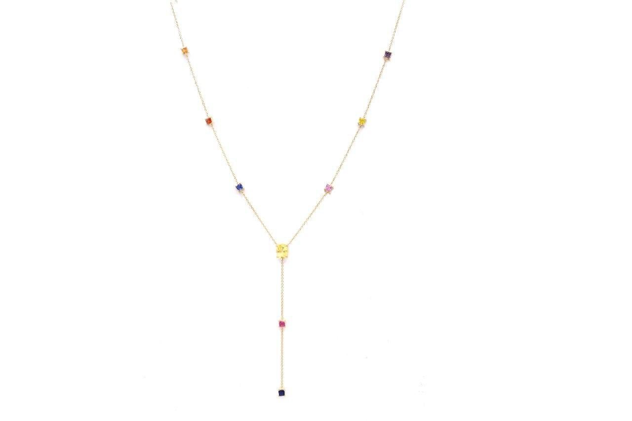 Square Cut 2.77 Carat Multicolor Sapphire 18 Karat Yellow Gold Necklace For Sale