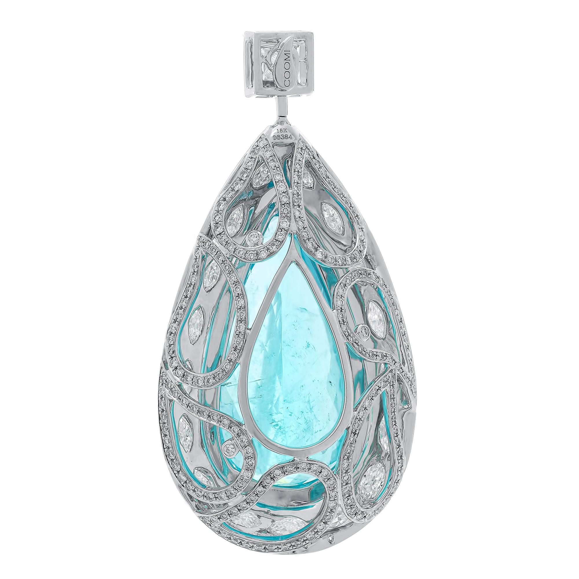 Flawless Paraiba Pear-Cut Pendant Set in 18 karat White Gold with 27.72-carat Paraiba and 5.24-carat Diamonds. GIA Certified Marquees Diamonds which are evenly spaced out around the Pendant. This is part of COOMI's Trinity Collection which is based