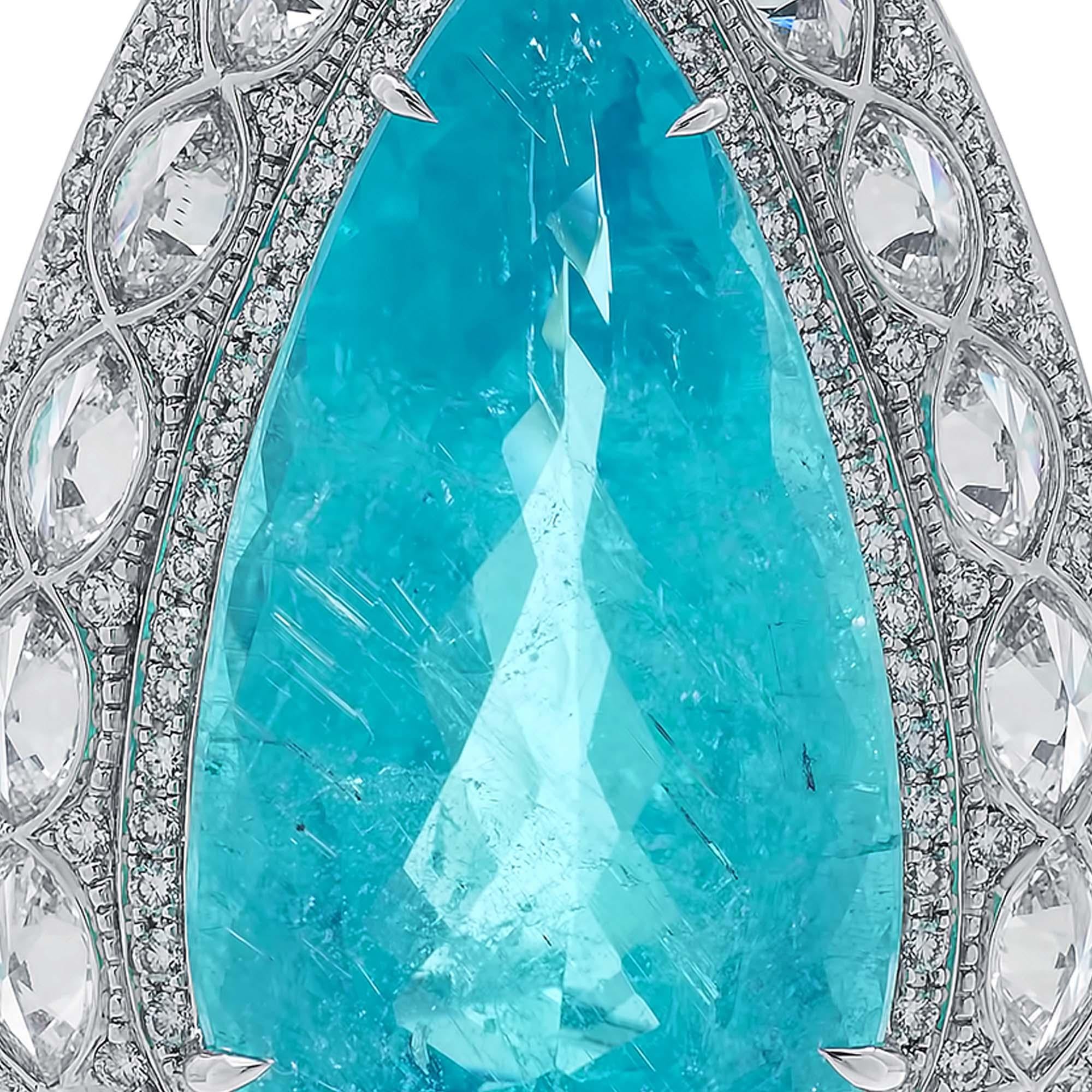 Contemporary 27.72 Carat Paraiba Pear Pendant in 18K White Gold with Diamonds