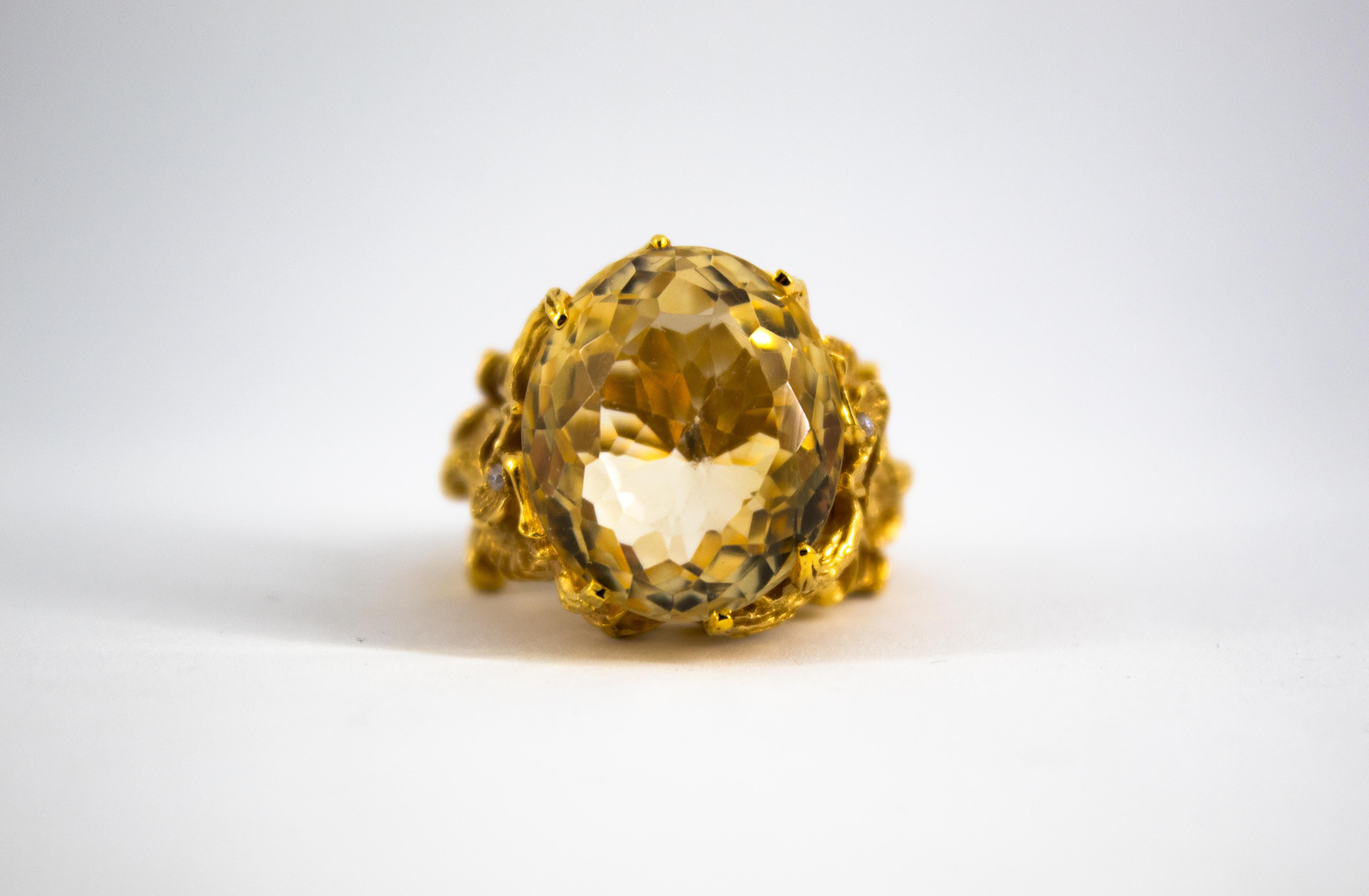This Ring is made of 14K Yellow Gold.
This Ring has 0.02 Carats of White Diamonds.
This Ring has a 27.75 Carats circa Citrine Quartz.
Size ITA: 14 USA: 7 
We're a workshop so every piece is handmade, customizable and resizable.