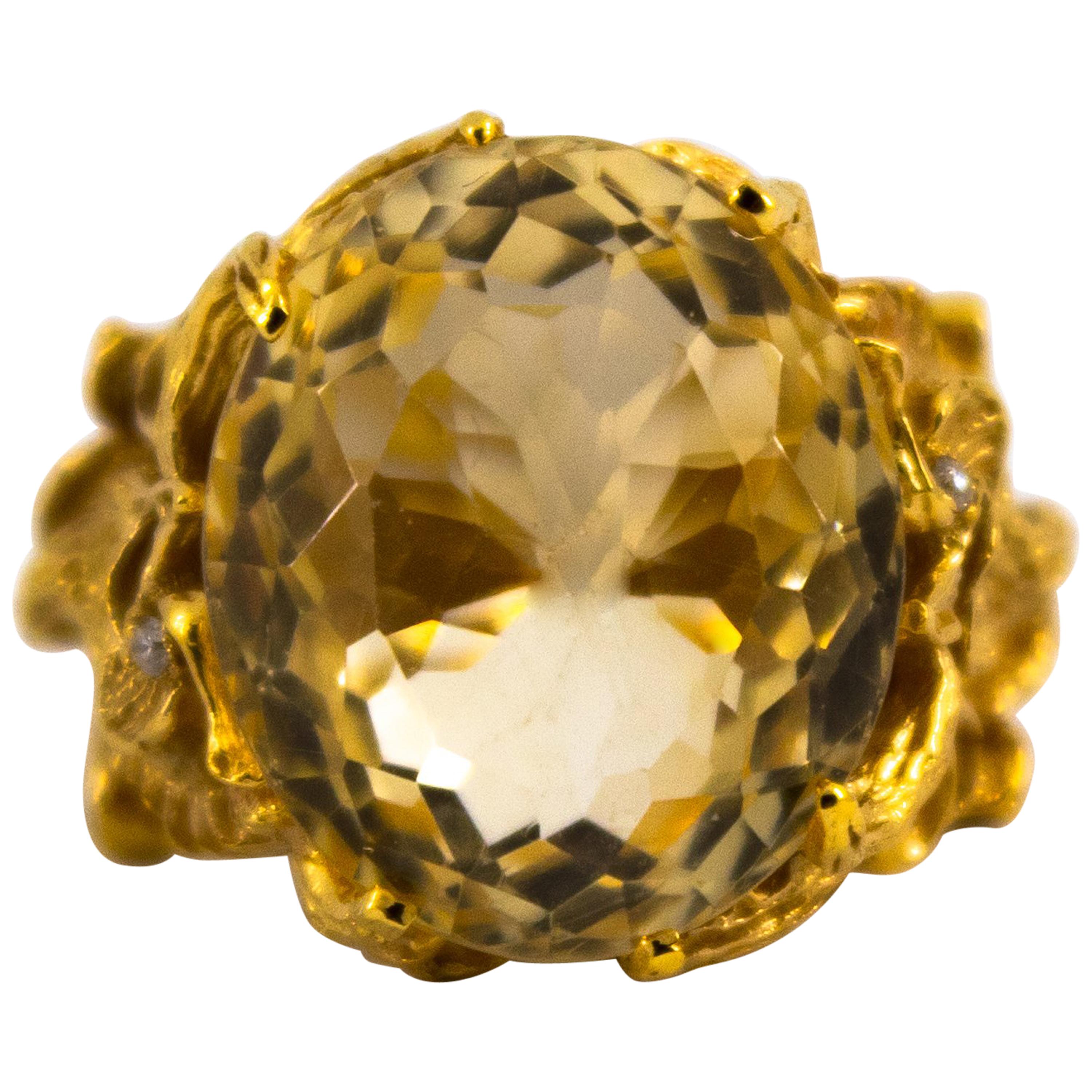 27.75 Carat Citrine White Diamond Yellow Gold "Dragons" Cocktail Ring