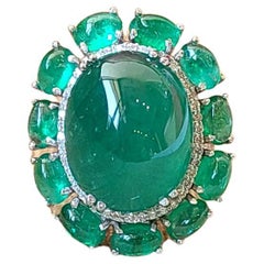27.76 Carats, Natural Zambian Emerald Cabochons 
Diamonds Cocktail Ring
