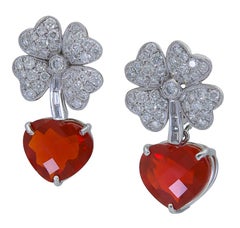 27.78 Carat Heart Mexican Fire Opal Diamond Four Leaf Clover Dangle Earrings