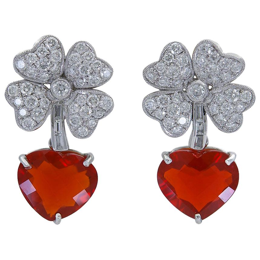 27.78 Carat Heart Mexican Fire Opal Diamond Four Leaf Clover Dangle Earrings For Sale