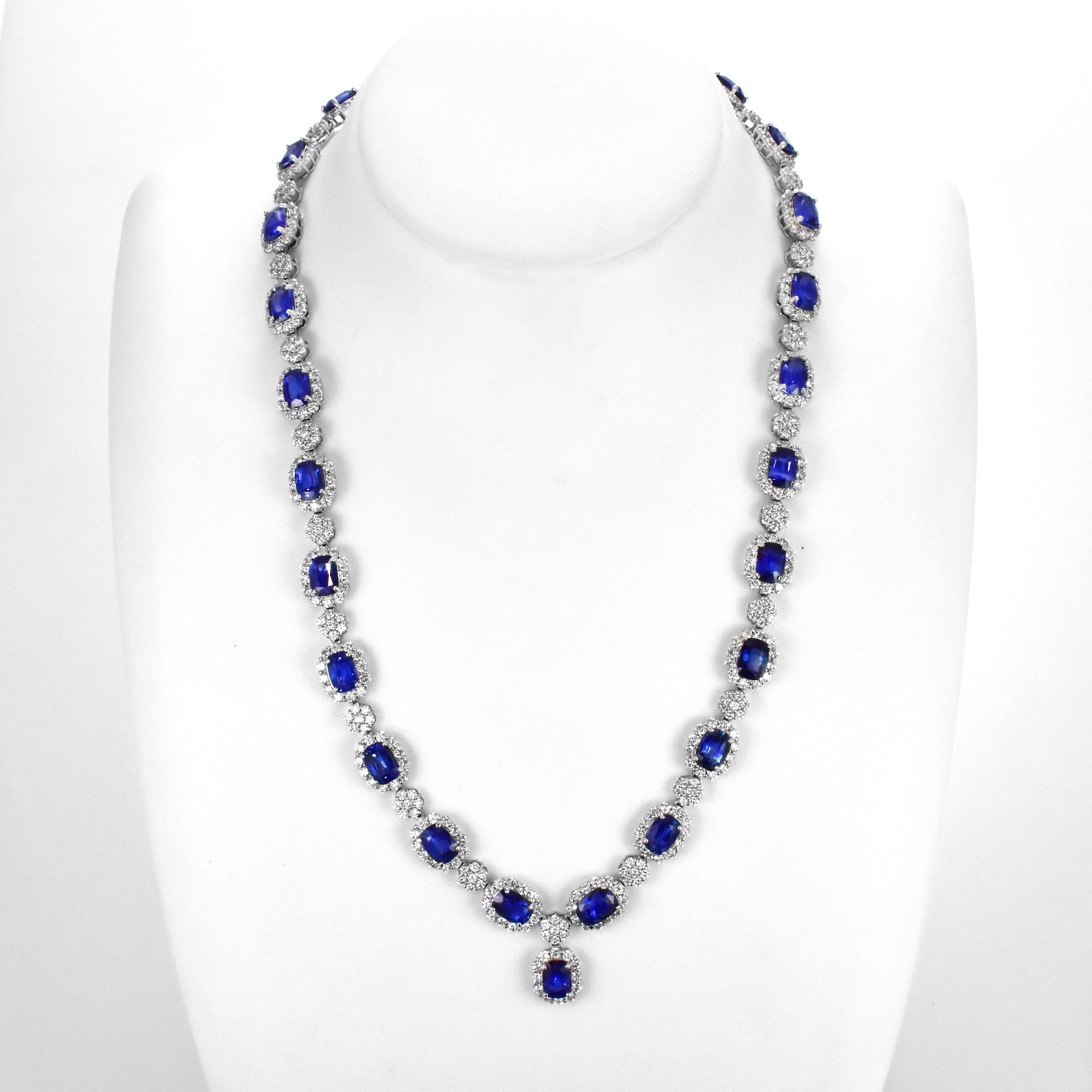 A beautiful necklace featuring a 27.78 Carats of Natural Ceylon Sapphires and 11.07 Carats Diamond Accents made in Platinum. Sapphires have extraordinary durability - they excel in hardness as well as toughness and durability making them very