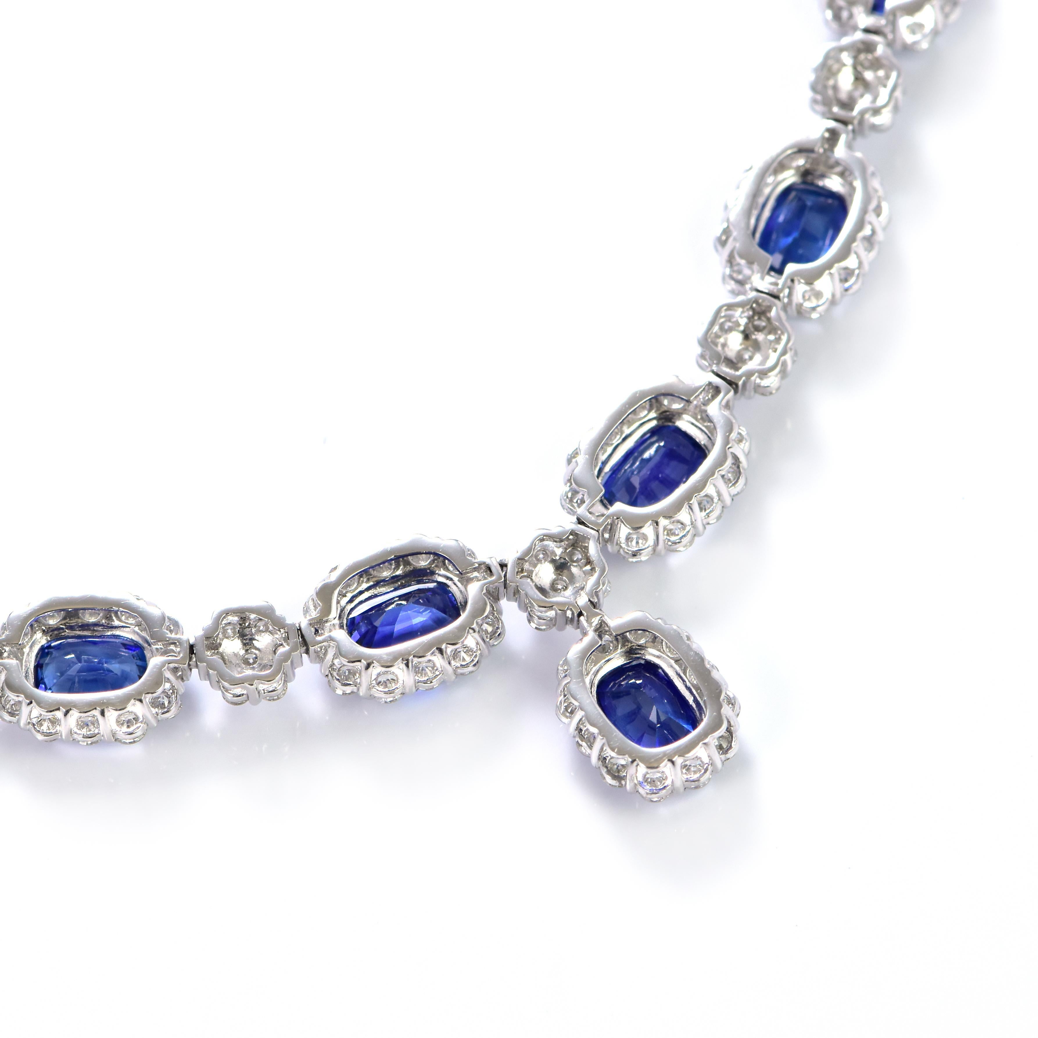 Modern 27.78 Carat Natural Ceylon Sapphires and Diamonds Necklace Made in Platinum For Sale