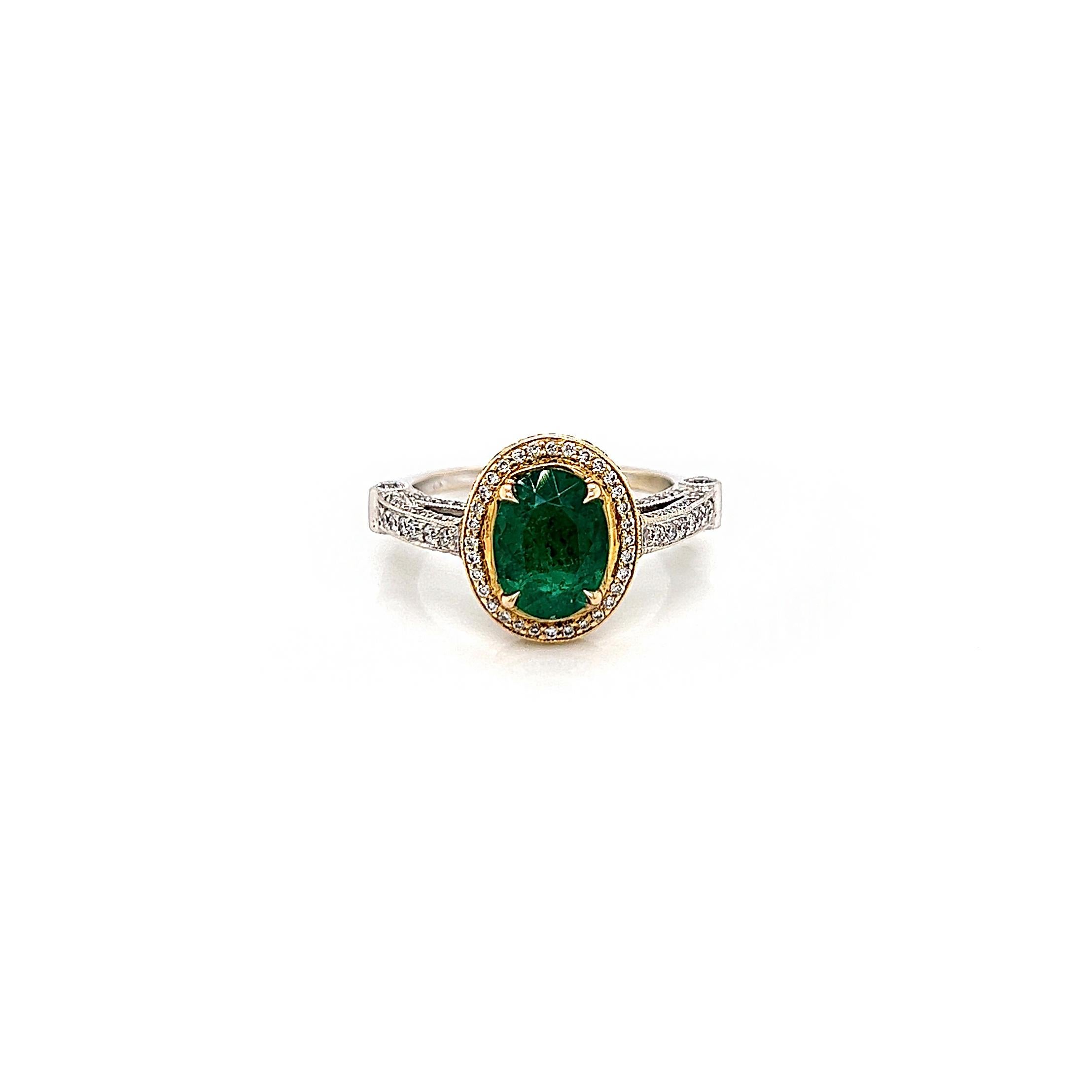 2.77 Total Carat Green Emerald and Diamond Ladies Ring

-Metal Type: 18K Two-Tone
-1.56 Carat Oval Cut Green Emerald
-1.21 Carat Round Natural Diamonds, F-G Color, VS Clarity
-Size 6.75

Made in New York City