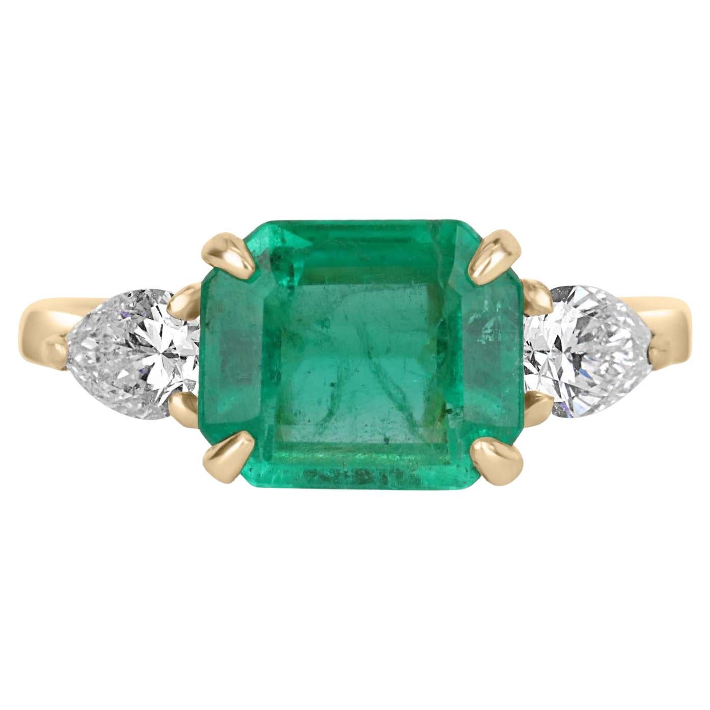 2.77tcw 18K Three Stone Colombian Emerald & Diamond Pear Cut Ring