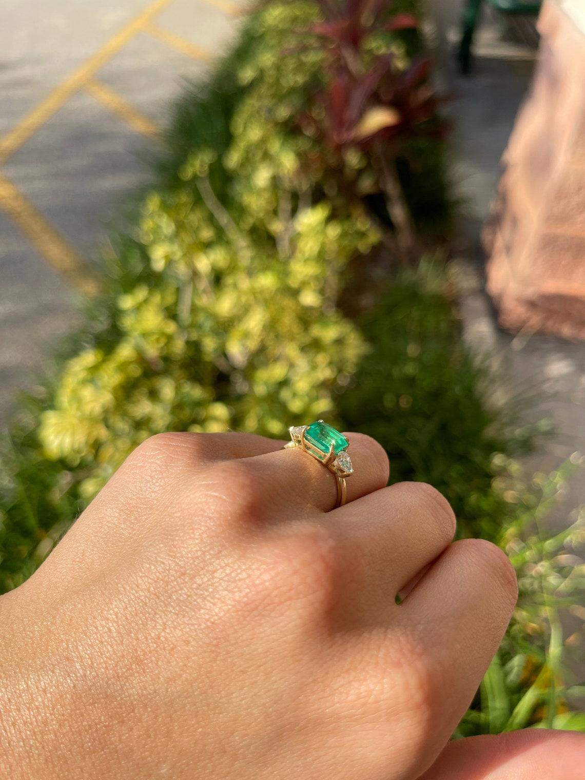 Emerald Cut 2.77tcw 18K Three Stone Colombian Emerald & Diamond Pear Cut Ring For Sale