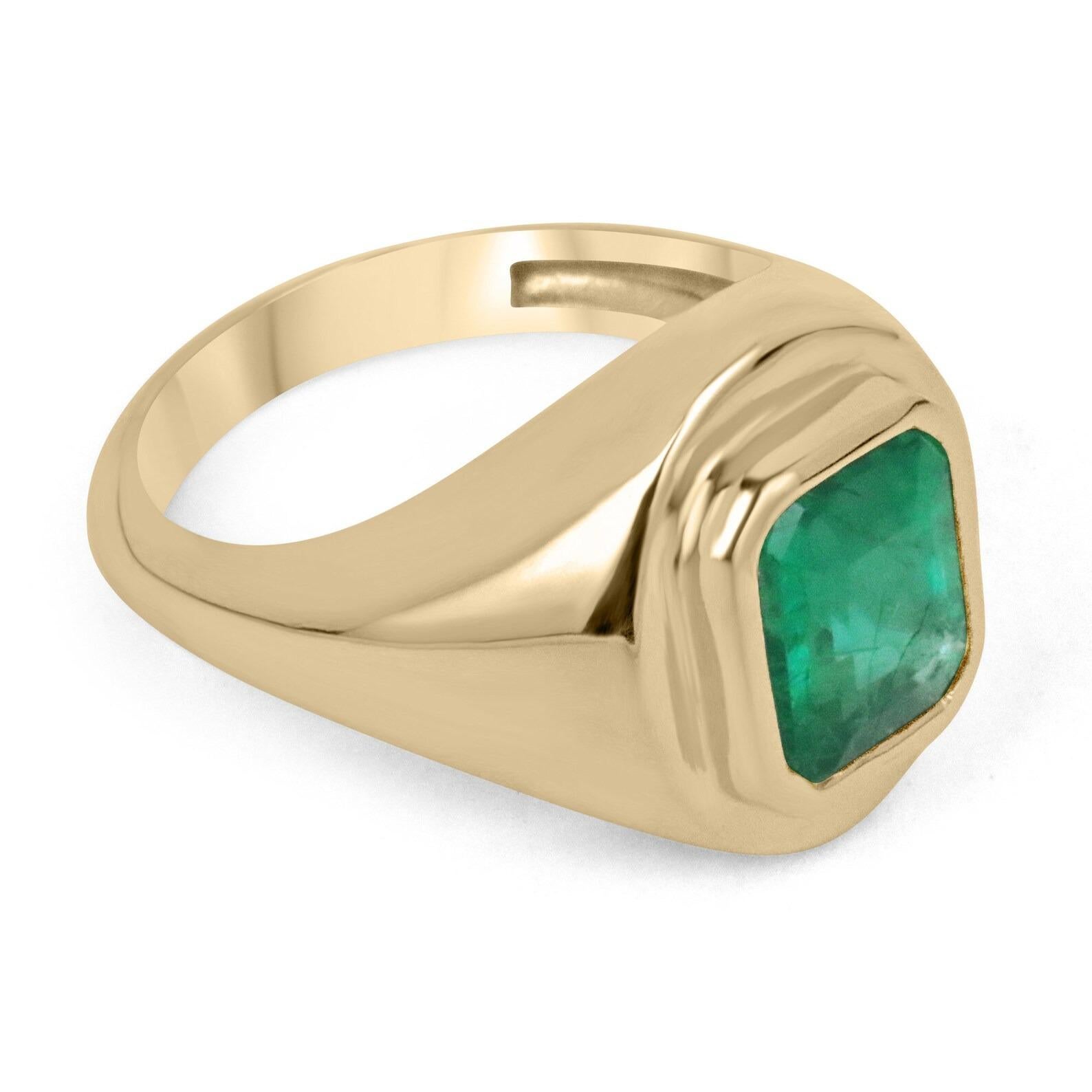Une luxueuse bague solitaire en émeraude. La pierre centrale présente une magnifique émeraude naturelle de 2,78 carats, taillée en émeraude et provenant éthiquement des mines de Zambie. Cette pierre précieuse présente une couleur vert foncé, riche